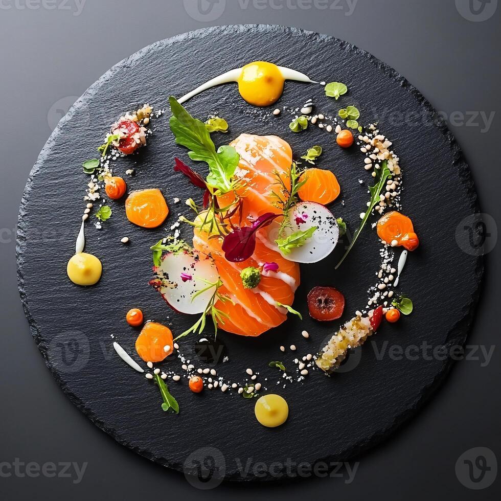 Artistic Culinary Creations Displayed Beautifully on Slate Surface photo
