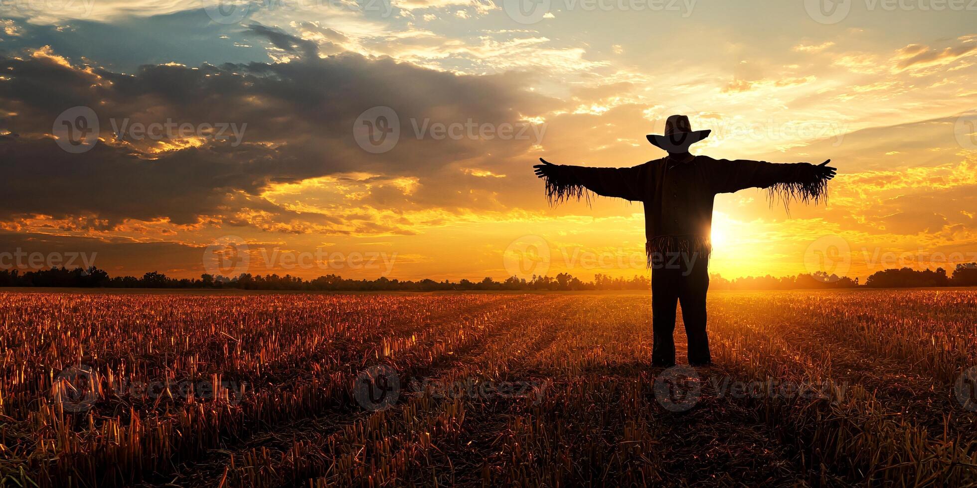 A Striking Sunset View of a Lonely Scarecrow in a Harvested Field photo