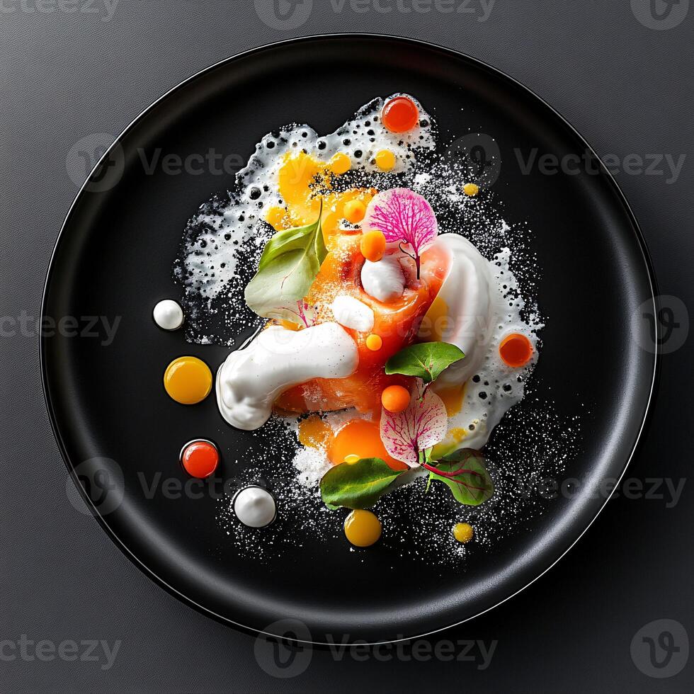 Bold Food Art Presentation of Michelin-Starred Dishes with Colorful Foams photo