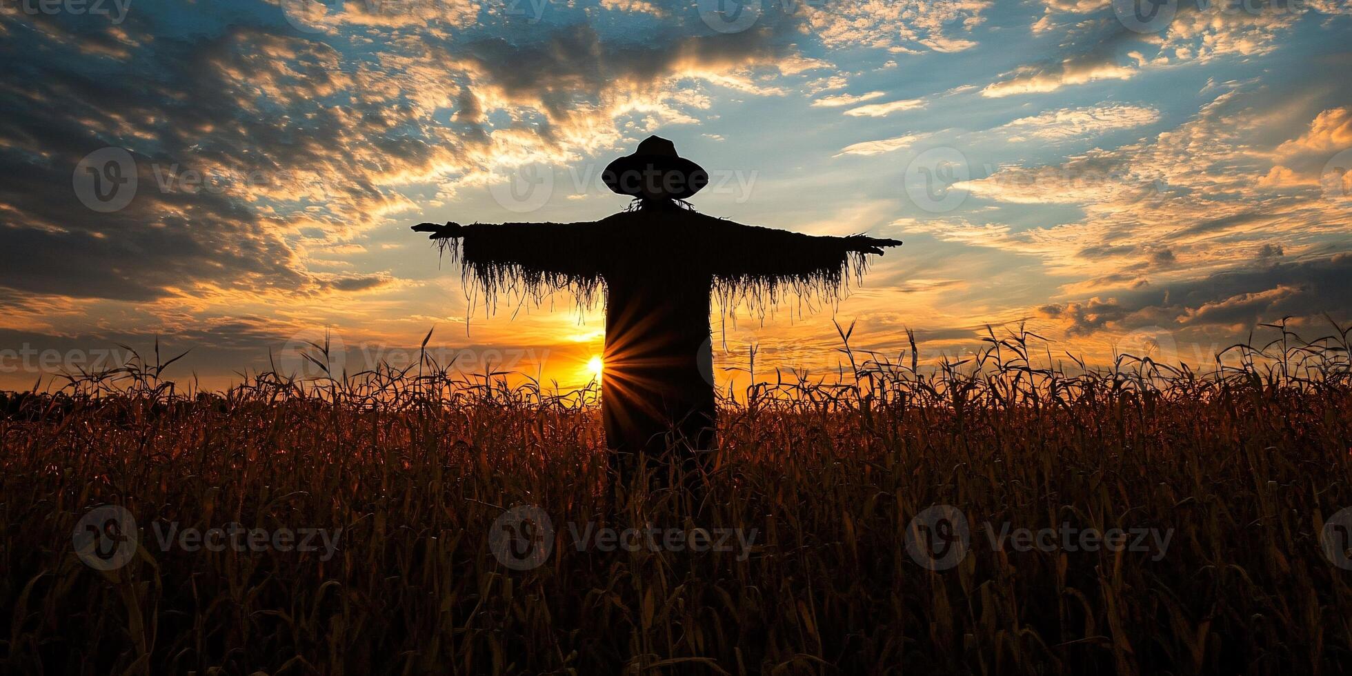 Silhouetted Scarecrow Against a Vibrant Sunset Sky in Open Agriculture photo