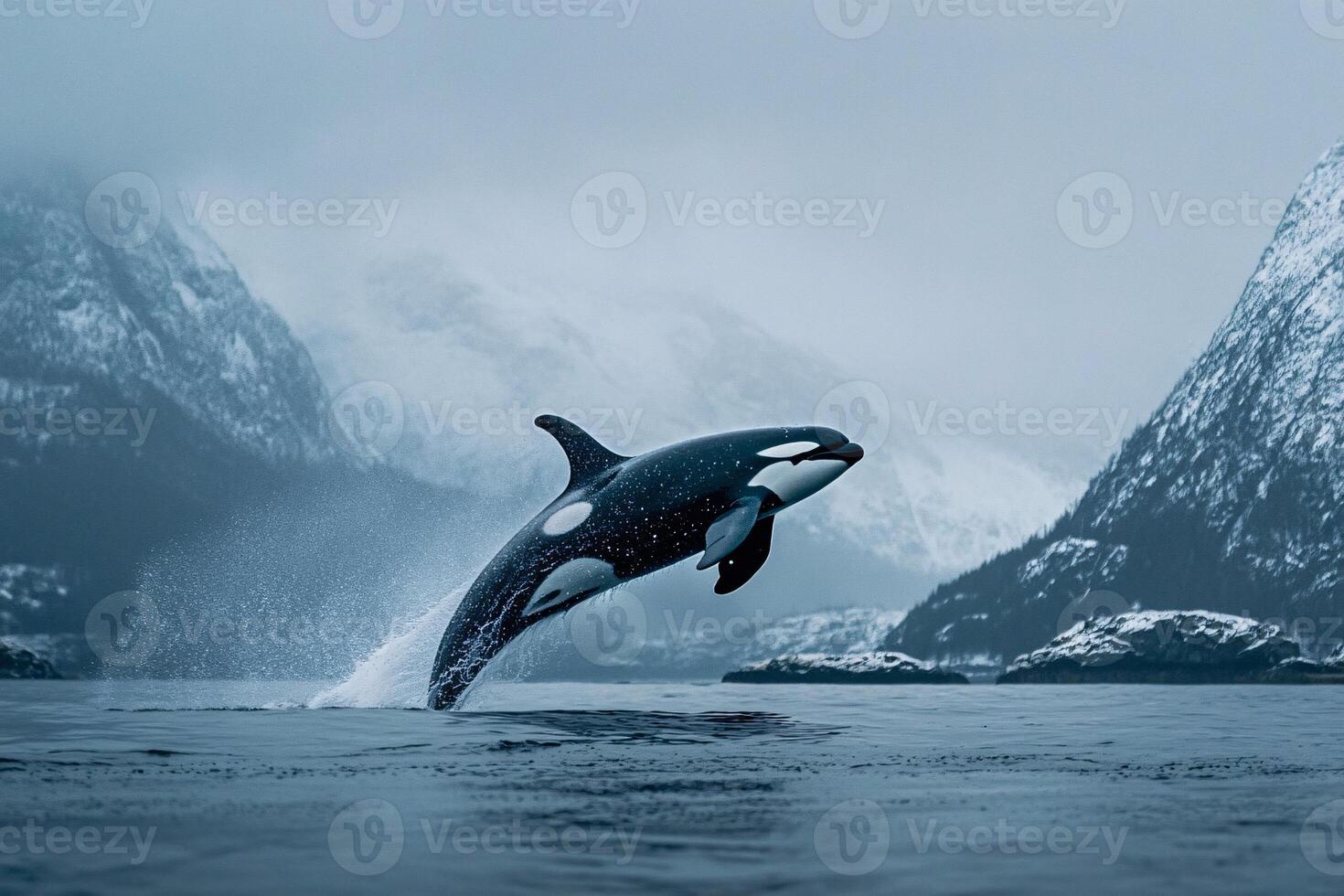 Captivating Moment of Orca Jumping Mid-Air Above Waves photo