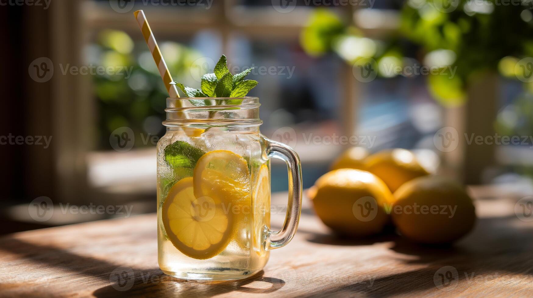 A mason jar filled with a cold drink made of lemon slices and fresh mint sits on a wooden table. Bright sunlight highlights the refreshing beverage against a backdrop of fresh lemons and greenery. photo