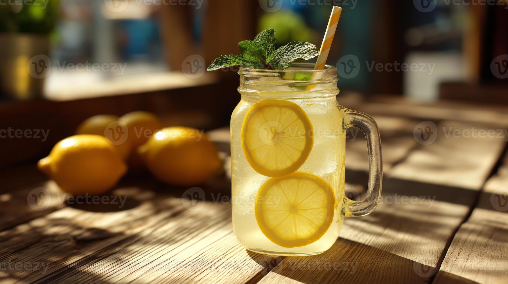 A jar filled with sparkling lemonade features fresh lemon slices and mint leaves, sitting on a wooden table. Bright sunlight highlights the vibrant drink, perfect for summer enjoyment. photo