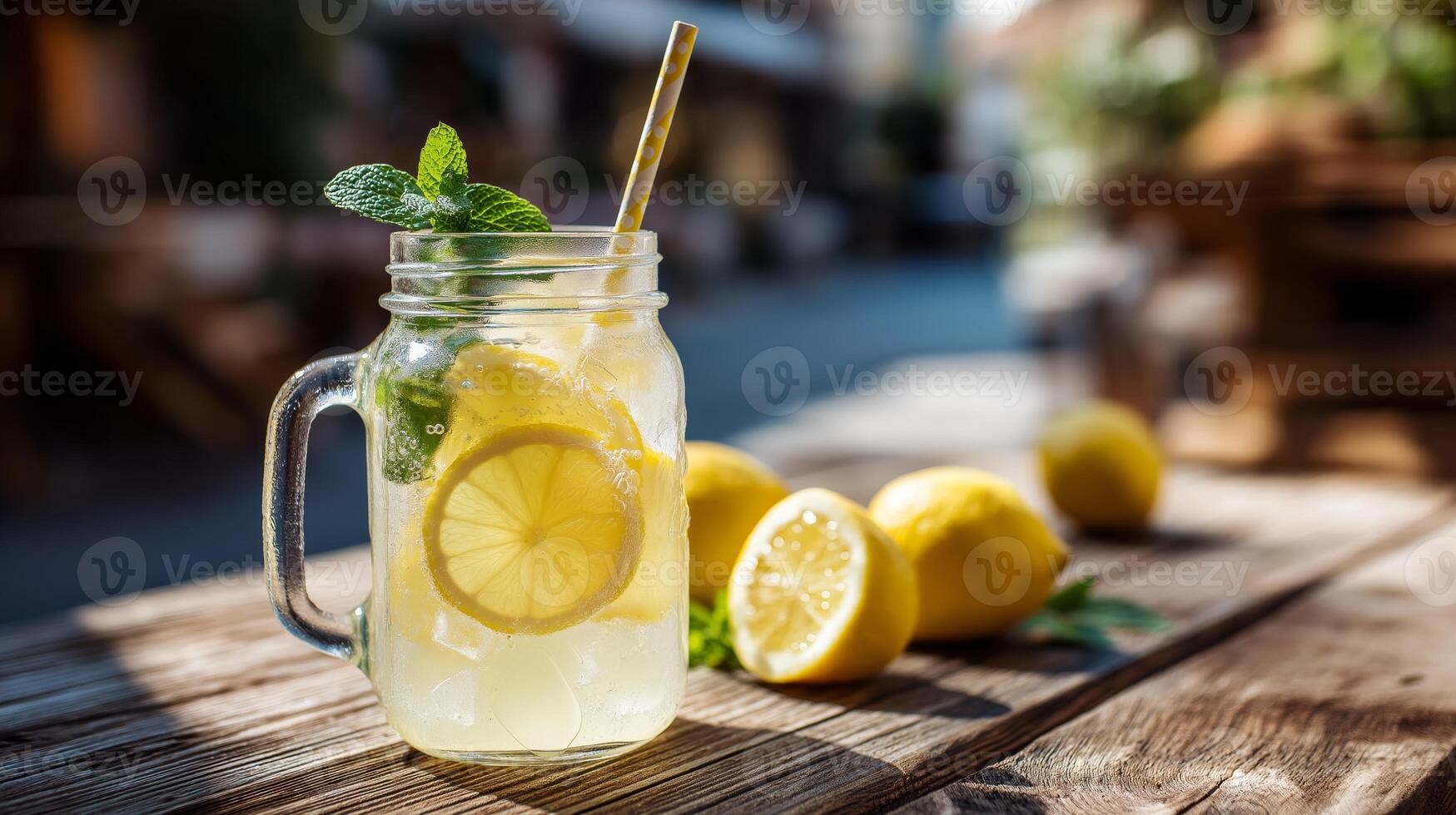 A chilled, refreshing drink sits on a wooden table, adorned with mint leaves and lemon slices. Sunlight filters through, creating a vibrant, inviting summer atmosphere perfect for relaxation. photo