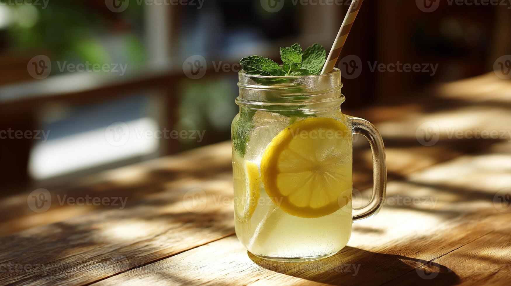 A clear jar filled with a refreshing drink features slices of lemon and fresh mint leaves. It sits on a warm wooden table, illuminated by sunlight pouring through a nearby window. photo