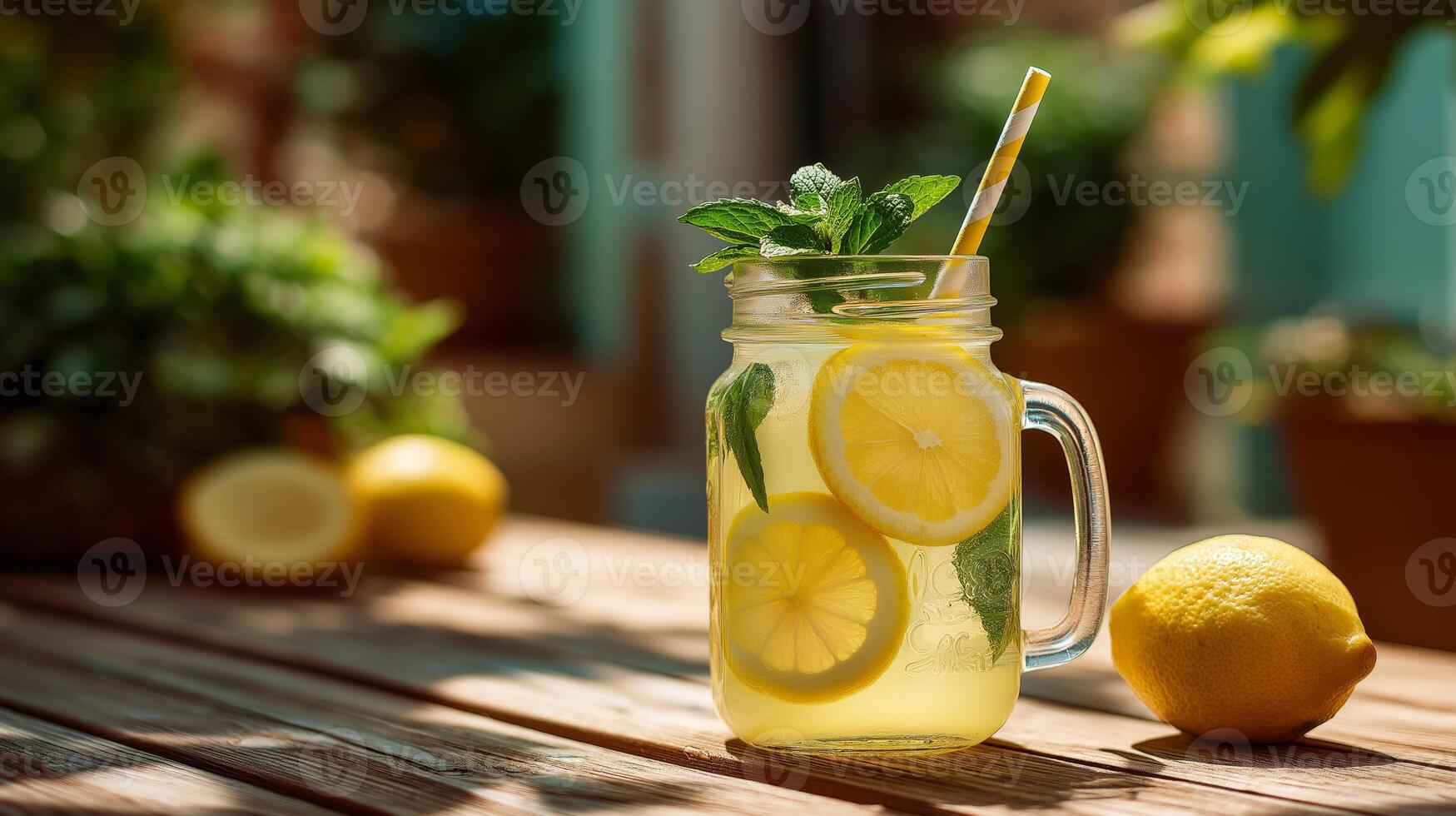 A mason jar filled with lemon slices and mint leaves holds a refreshing beverage. Bright sunlight enhances the vibrant colors, creating a perfect summer atmosphere. photo