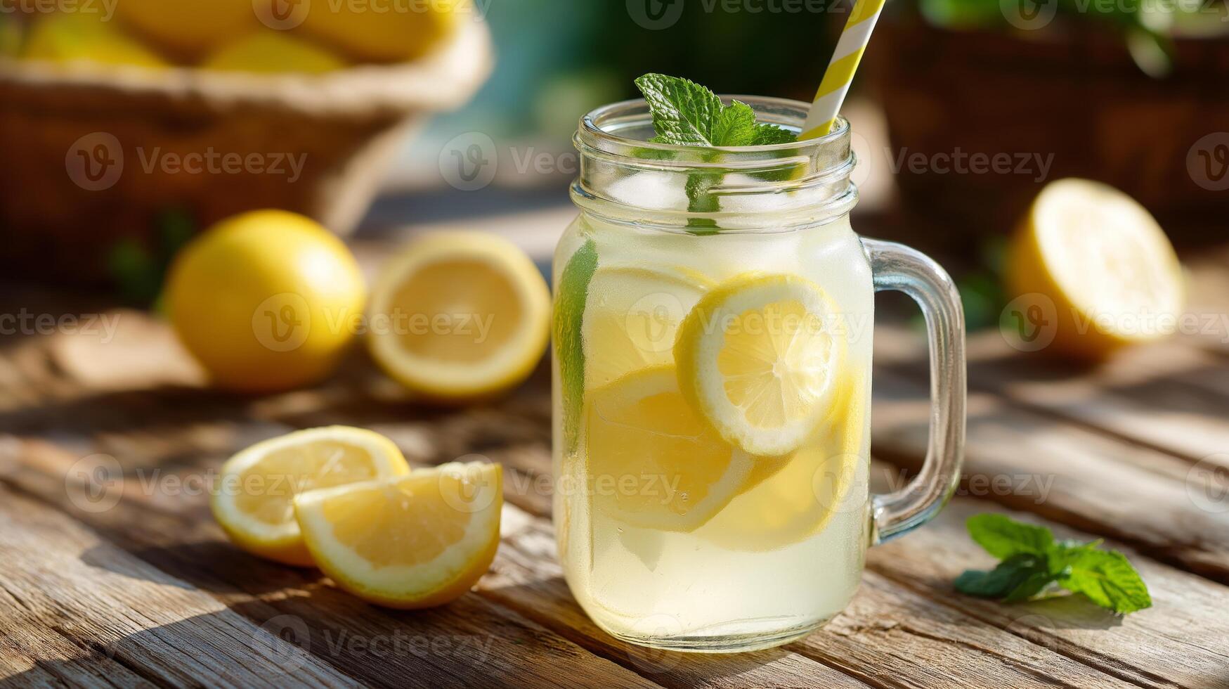 Brightly colored lemonade filled with fresh lemon slices and mint leaves sits on a rustic wooden table. Juicy lemons are scattered around, creating a cheerful summer vibe perfect for warm days. photo