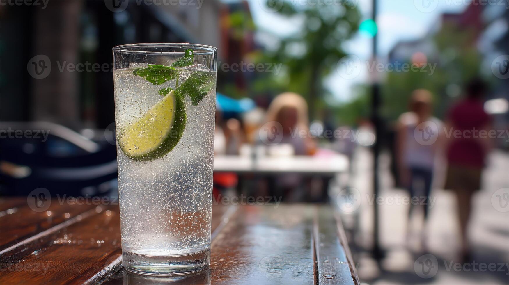 A tall glass filled with sparkling water, mint, and lime sits on a wooden table. Sunlight glimmers on the drink as people stroll by, enjoying a vibrant summer day at an outdoor cafe. photo