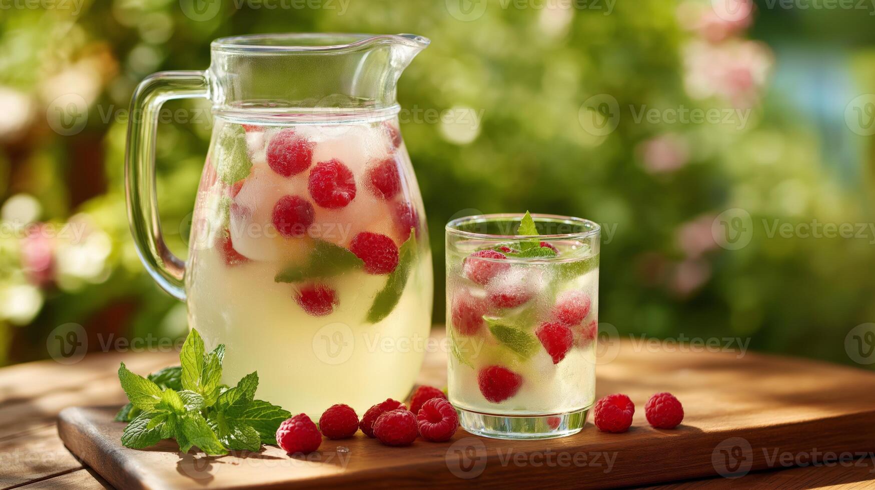 A clear pitcher filled with a refreshing beverage featuring fresh raspberries and mint sits next to a glass in a bright garden. The vibrant colors highlight the essence of summer. photo