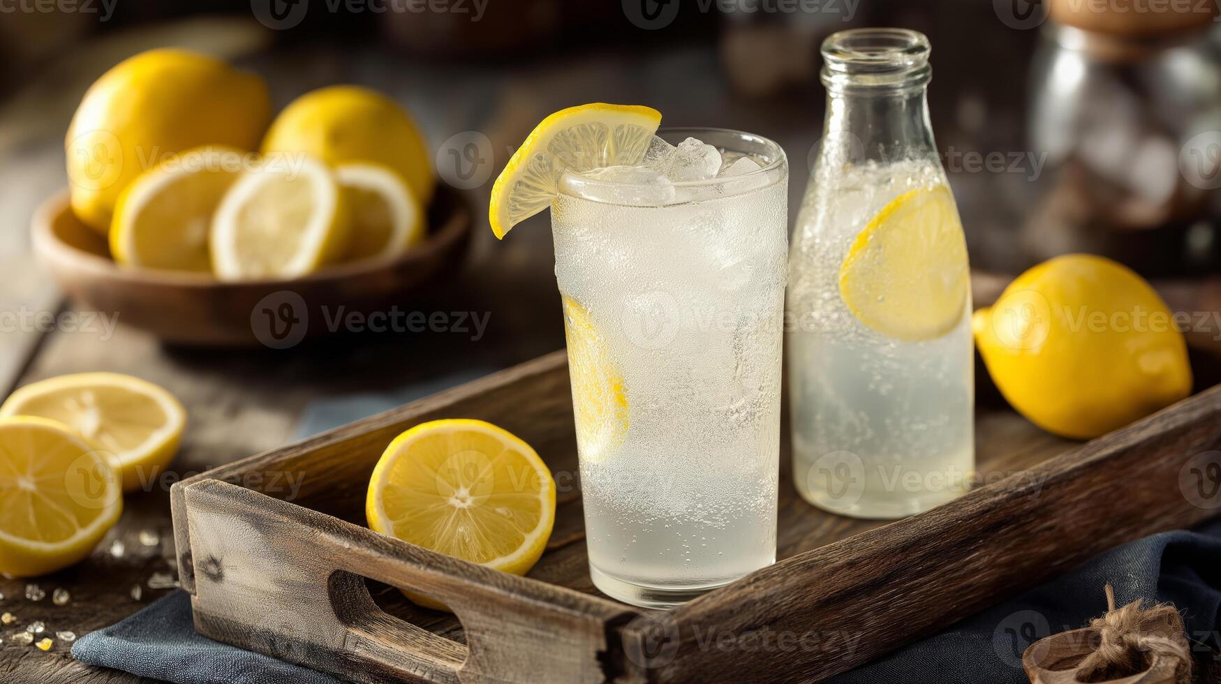 Bright yellow lemons and refreshing lemonade drinks are presented on a wooden tray, capturing the essence of summer gatherings. Perfectly chilled and inviting, this setup encourages relaxation. photo