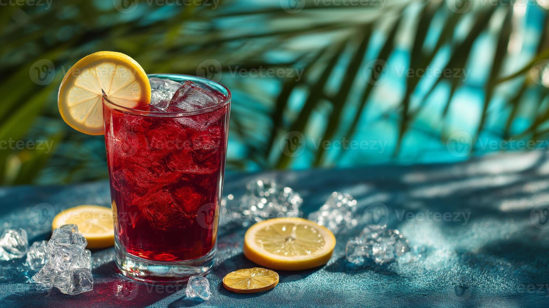A vibrant glass of iced drink garnished with a lemon slice sits on a table beside a sparkling pool. Nearby, fresh lemon slices and ice cubes add to the refreshing vibe of a sunny summer day. photo