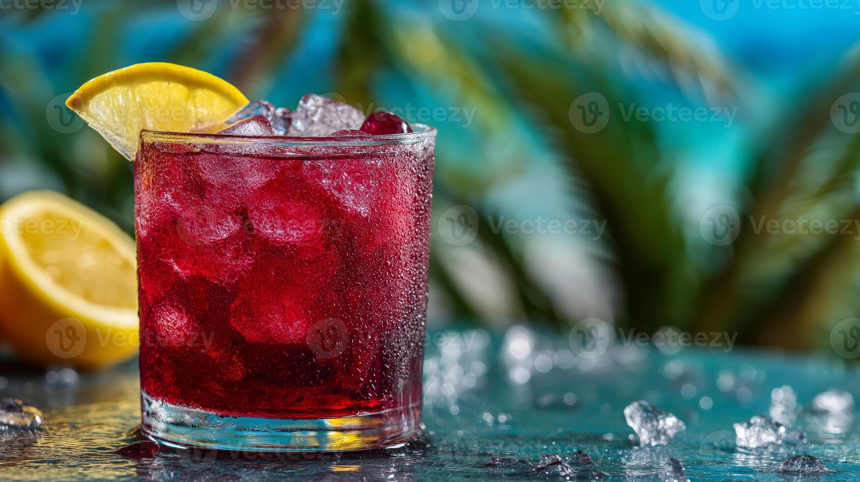 A colorful drink filled with ice sits on a smooth surface, adorned with a lemon slice. Lush greenery and a bright sky create a relaxing summer atmosphere. photo