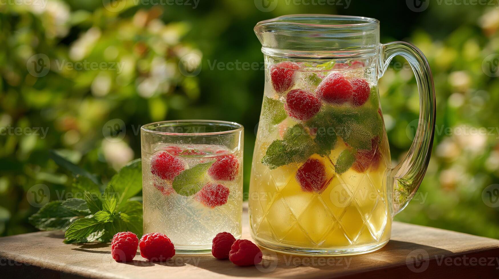 A glass pitcher holds a refreshing summer drink filled with raspberries and mint leaves, accompanied by a glass of the same drink. The vibrant garden backdrop enhances the drink's appeal. photo