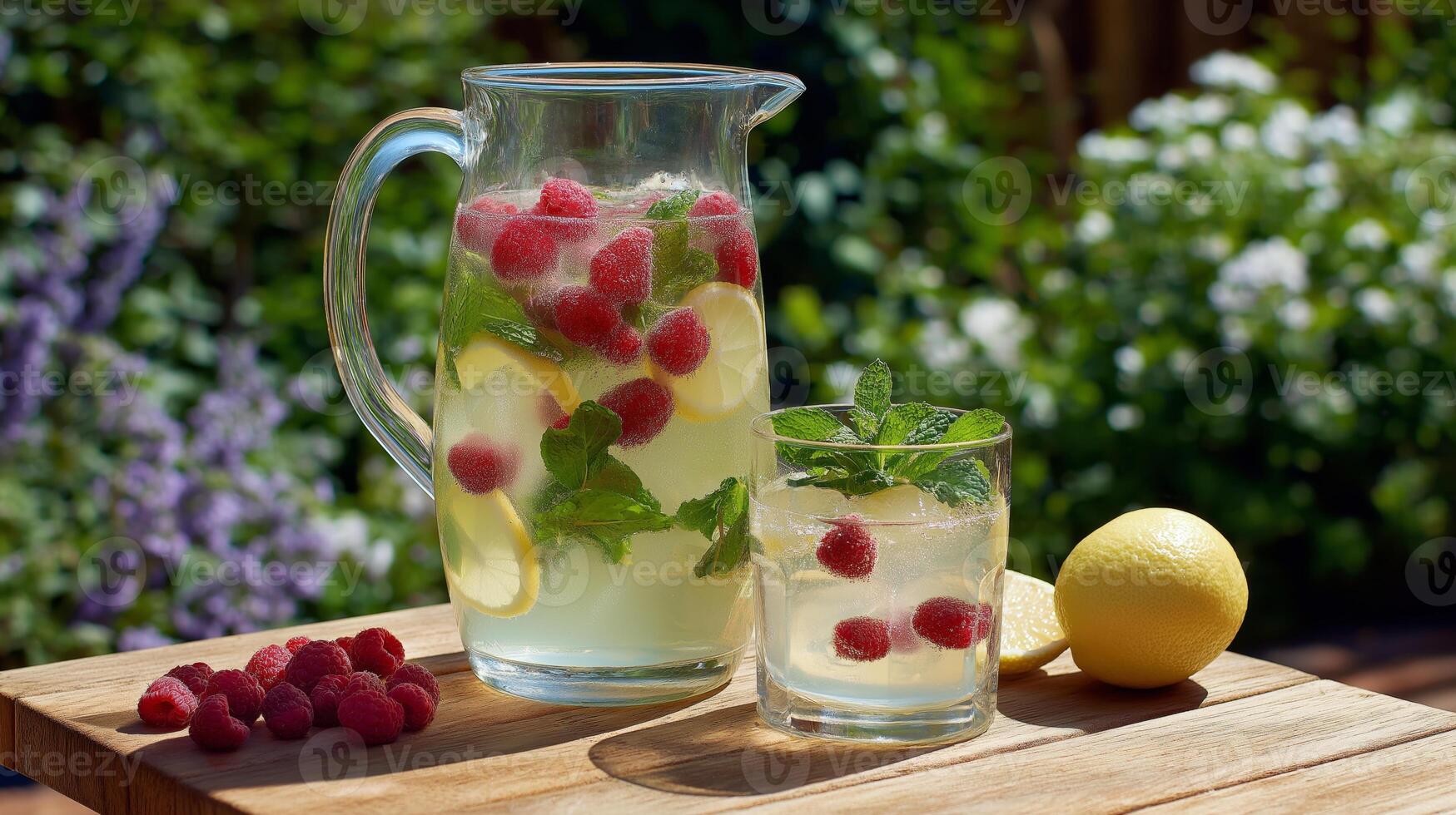 A clear pitcher filled with icy lemonade features fresh raspberries and mint, accompanied by a glass of the drink. Lemon slices add vibrant color, set against a lush garden backdrop. photo