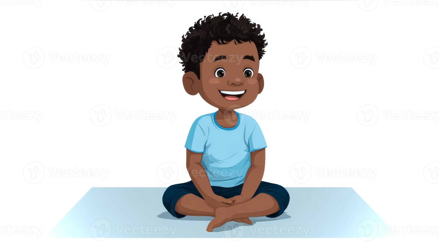 A cheerful black boy sits comfortably on a mat with crossed legs, wearing a light blue shirt and dark shorts, radiating happiness and warmth. photo