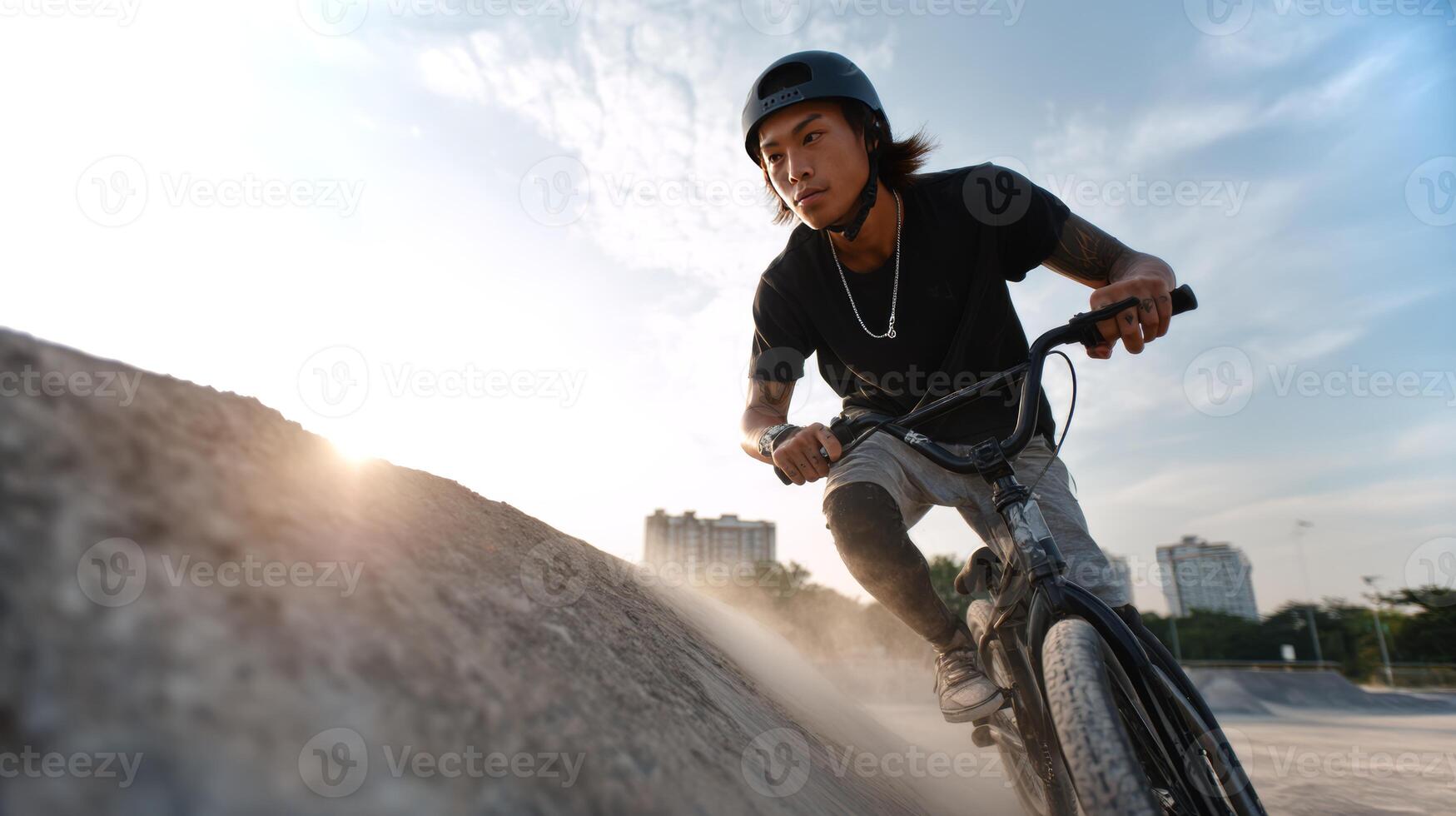 An Asian boy rides his bike up a steep ramp in a skatepark, showing focus and determination against a bright sky. The scene captures the thrill of skateboarding. photo