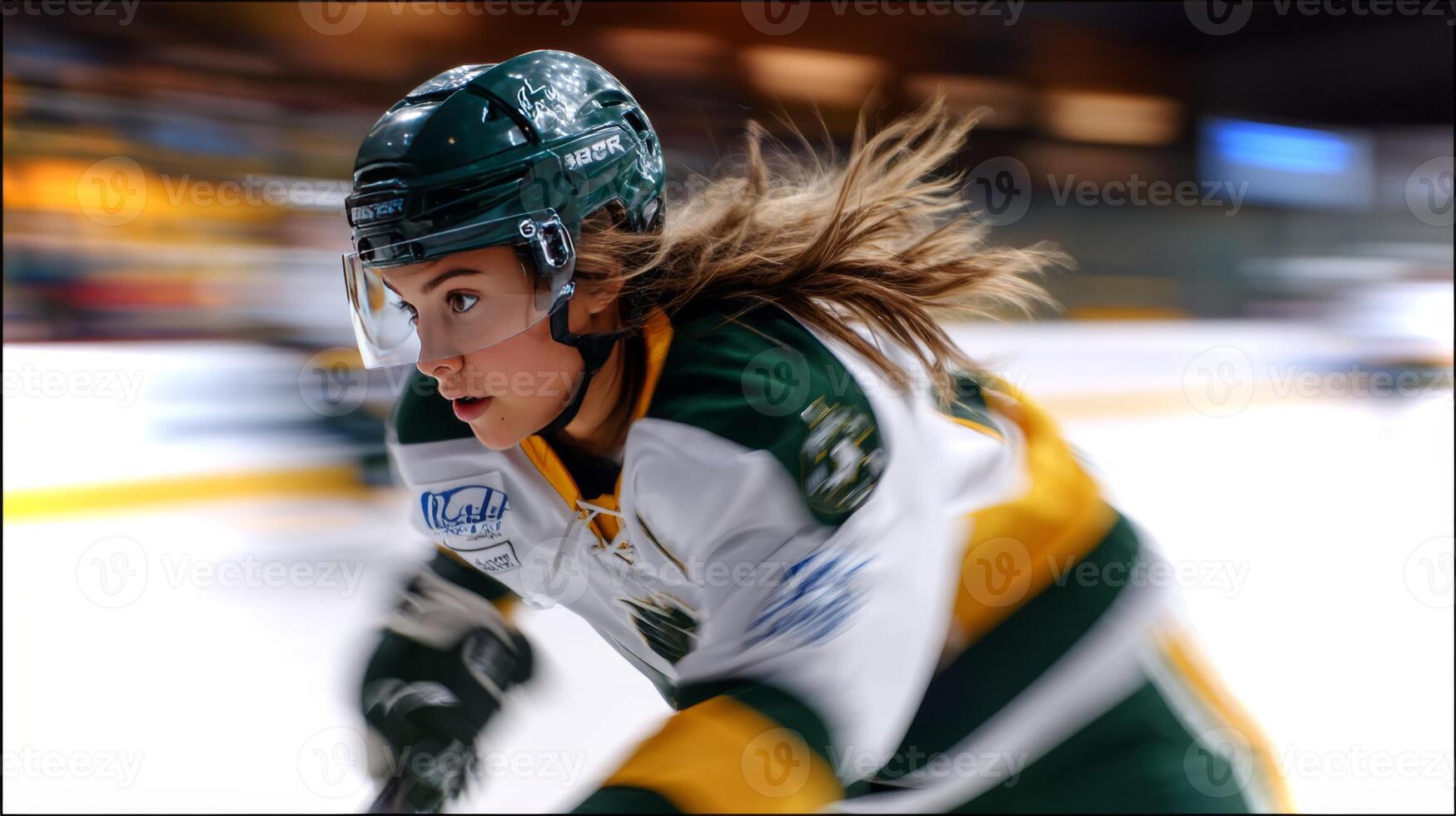 A young girl with long hair skates swiftly along the boards, determinedly pursuing a puck on the ice. Her focus and speed highlight her dedication to the sport. photo