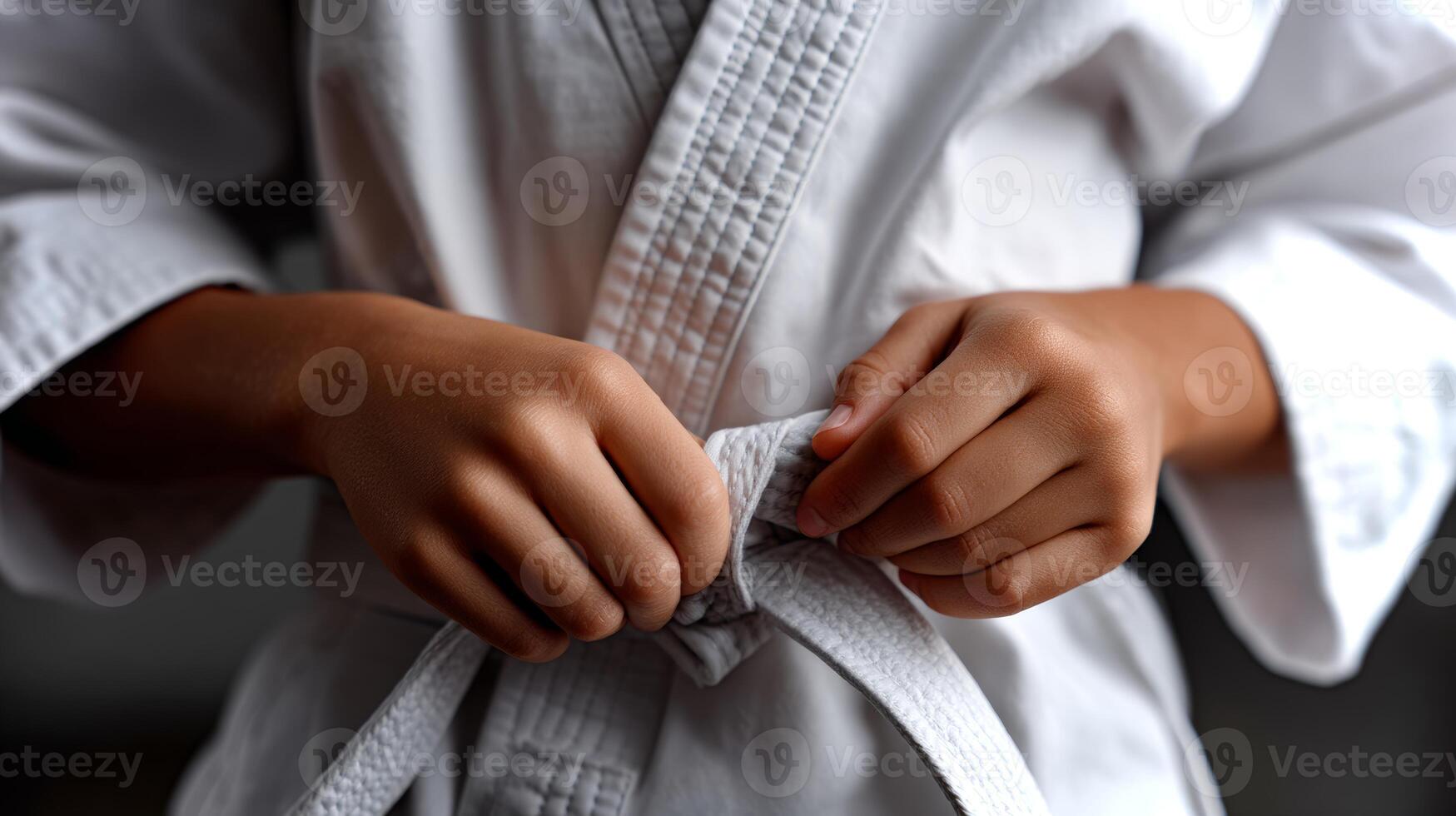 Close-up shows a young girl's hands skillfully tying a karate belt. photo