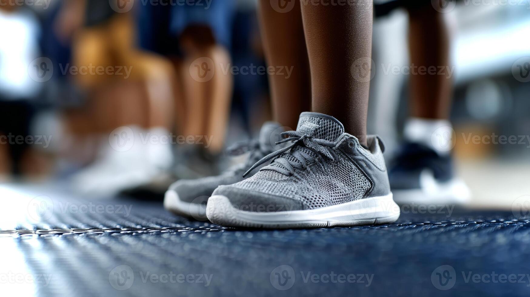 Close-up view of a pair of stylish sneakers worn by African American boys. They stand on a gymnasium floor, highlighting athletic activity and camaraderie. photo