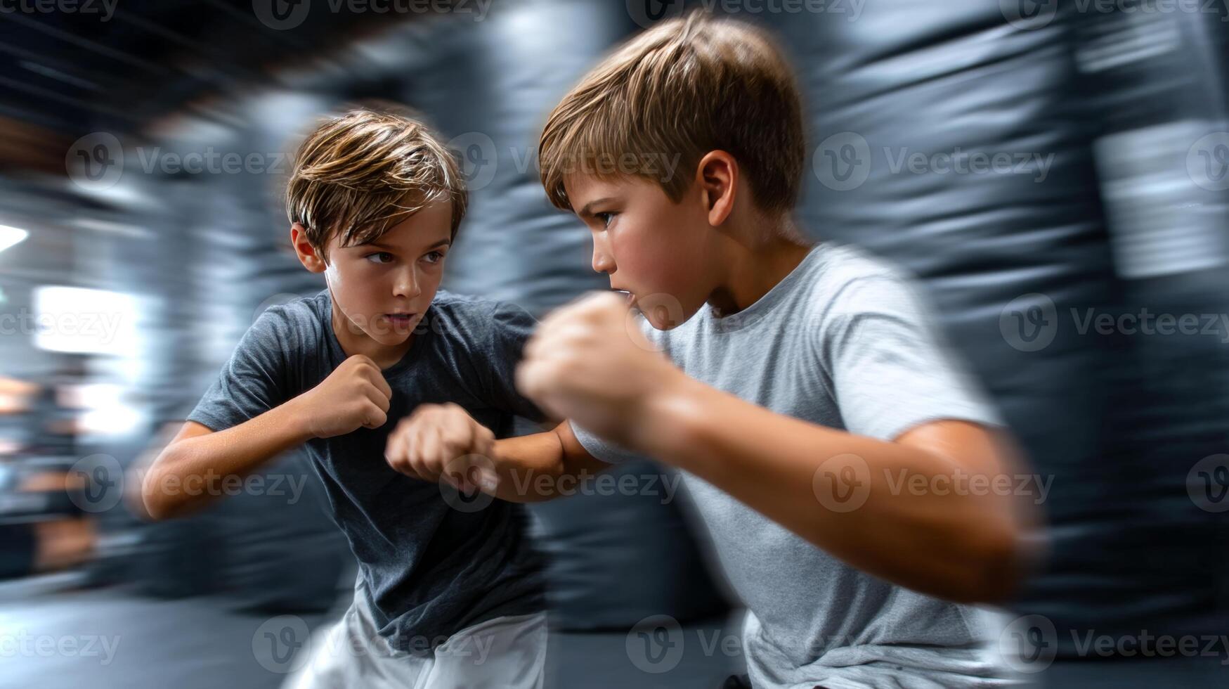 Two young boys engage in a training drill focused on combat skills, demonstrating concentration and teamwork while blocking punches in a gym environment. photo