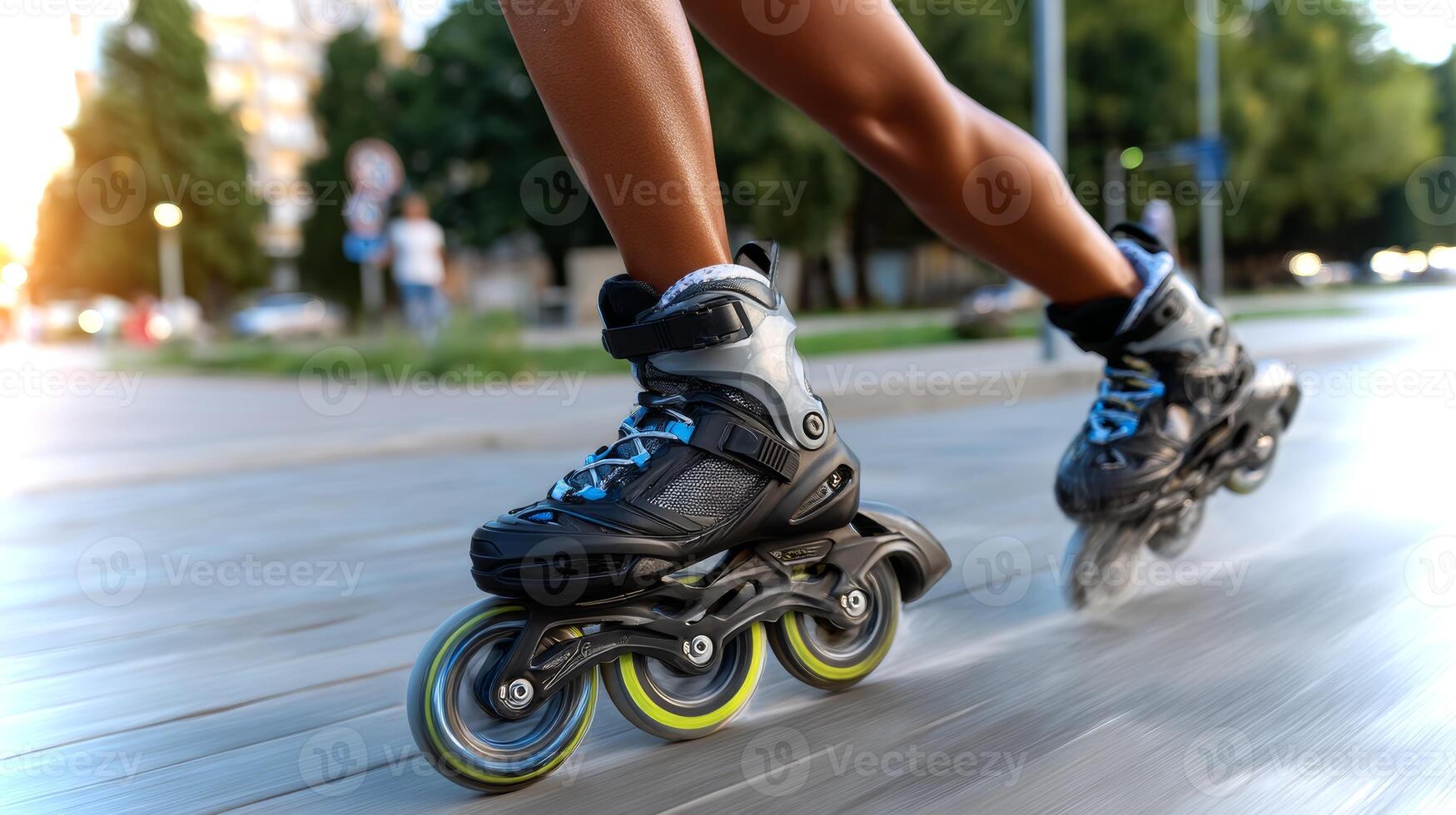 Black girls glide effortlessly on inline skates, showcasing brightly colored wheels as they skate along a smooth path during sunset in an urban environment. photo