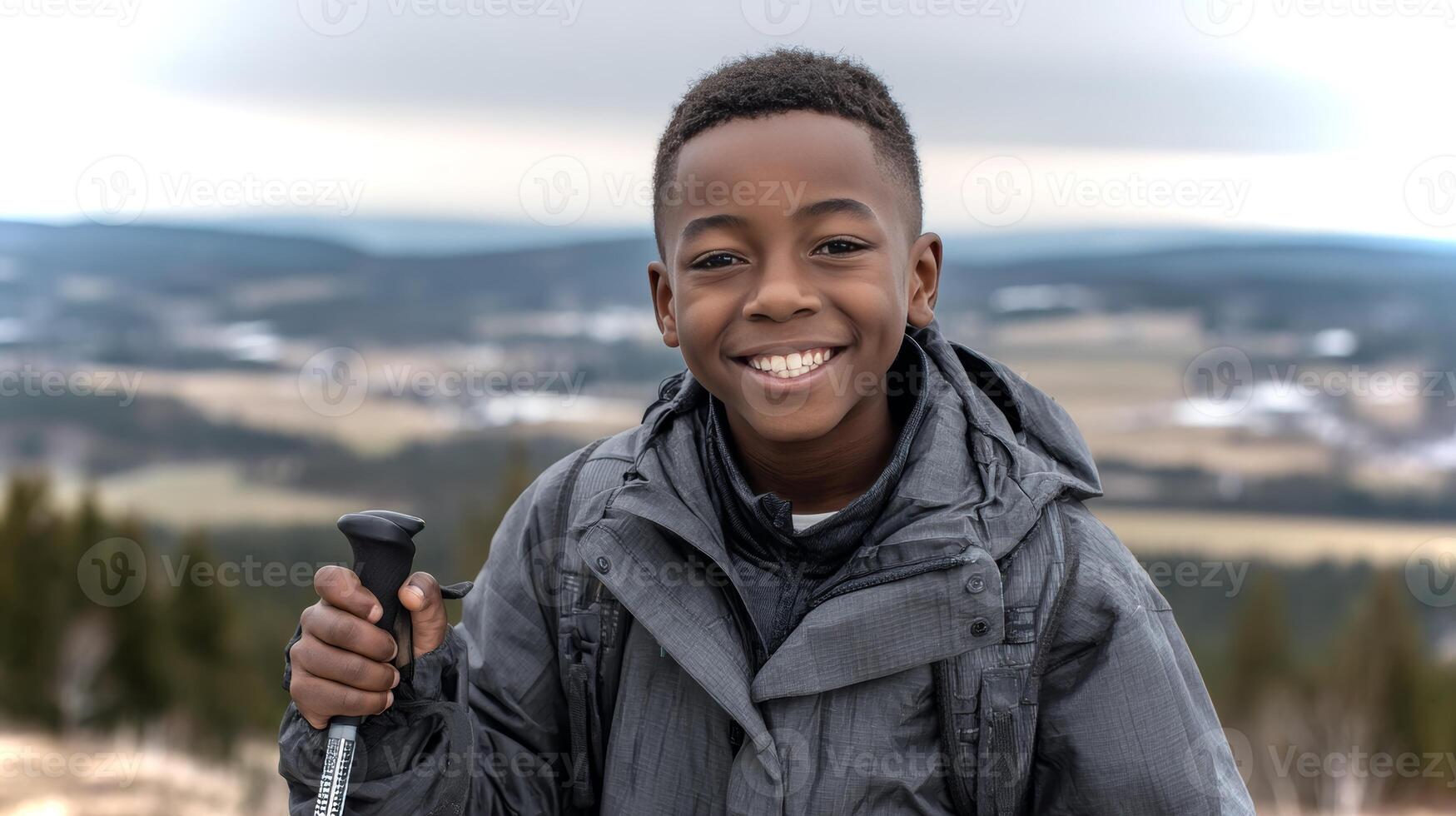 A cheerful black boy takes a step forward while holding Nordic poles, surrounded by a breathtaking mountain view on a cloudy day, embracing the joy of hiking. photo