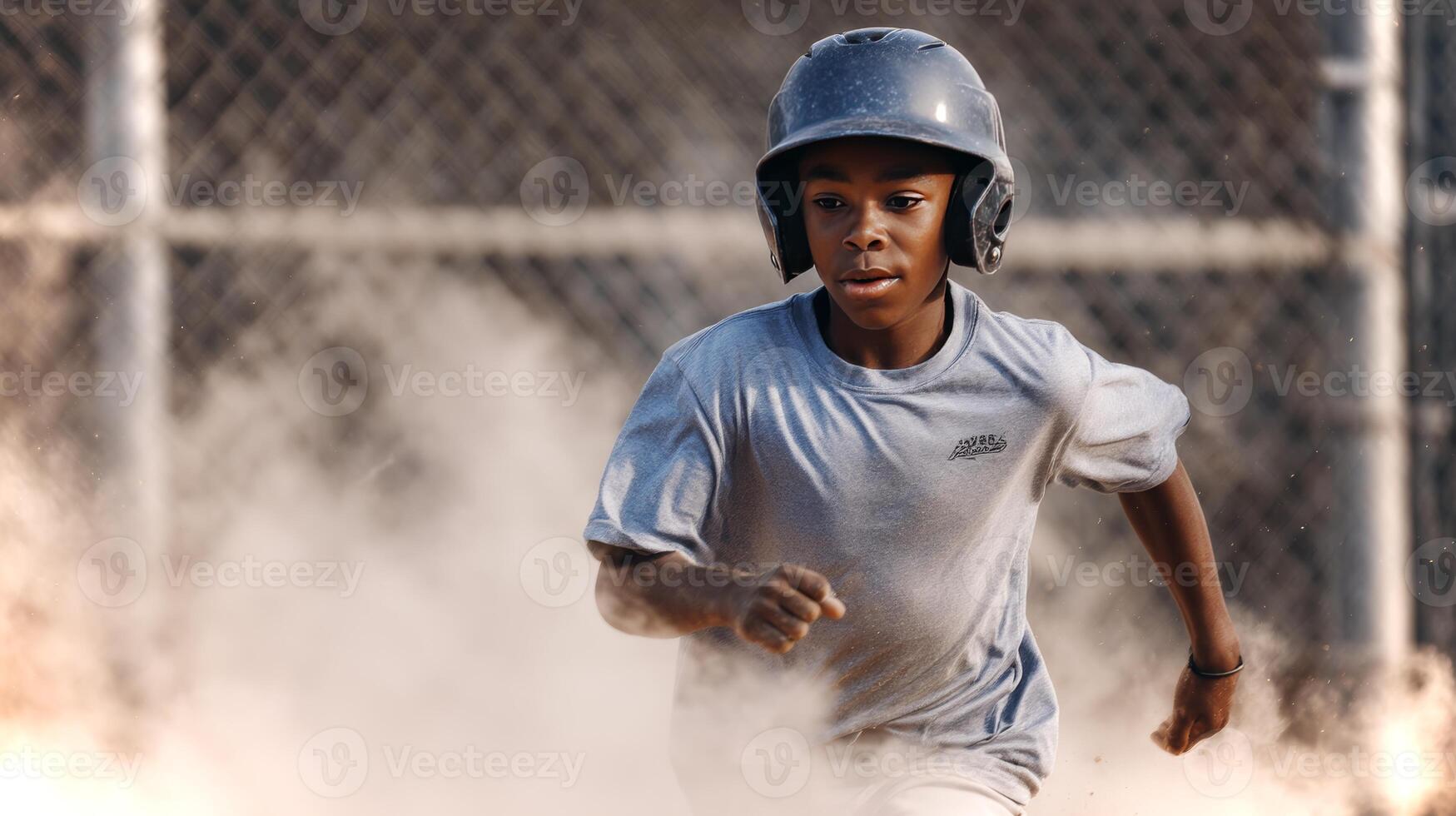 An African American boy runs quickly around the baseball field, wearing a helmet and a shirt, enjoying the excitement of the game on a sunny afternoon. photo