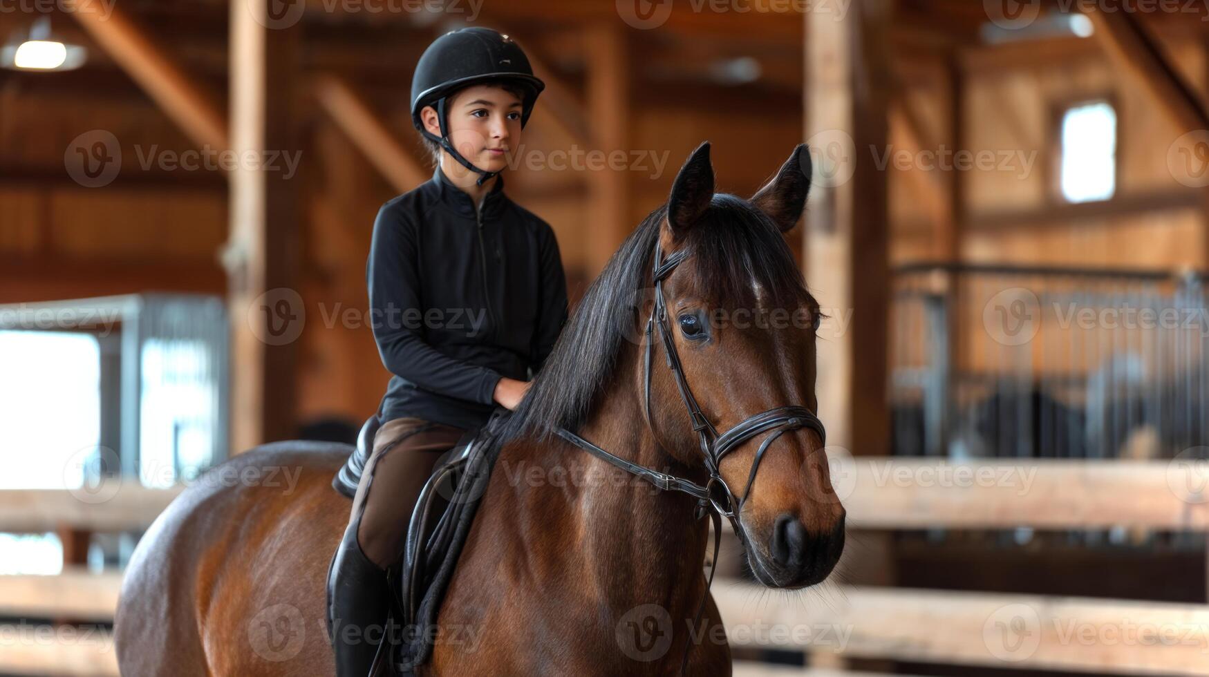A young Latino boy sits tall in the saddle, confidently holding the reins of his horse in a riding arena, surrounded by wooden structures and soft lighting. photo
