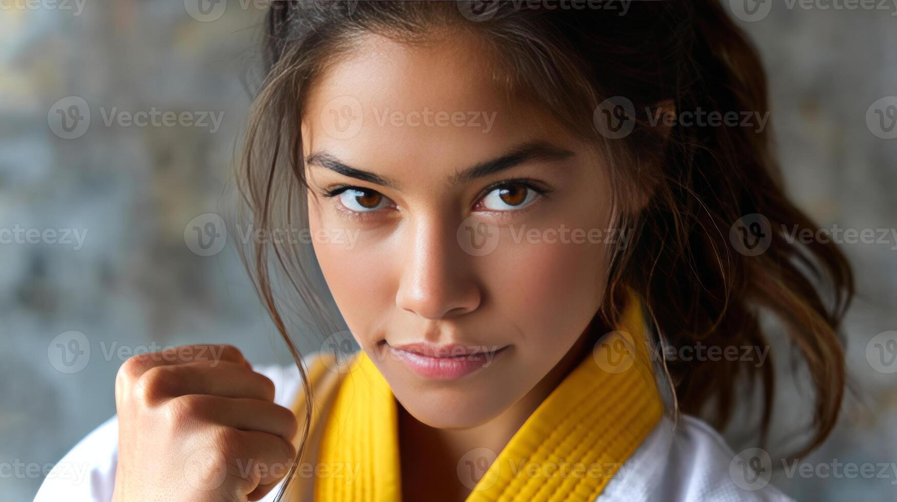 A Latina girl practices her basic punch technique with a serious expression in a training facility during daylight hours, showcasing her dedication to martial arts. photo