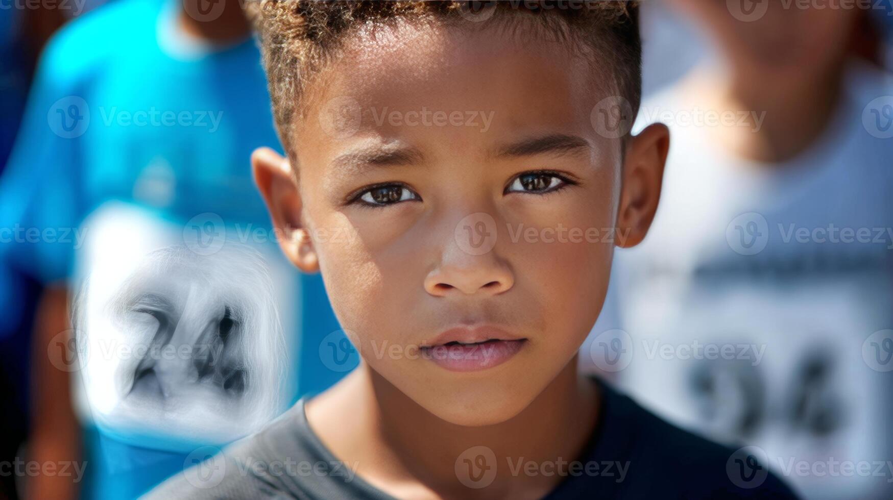 A young mixed-race boy shows a serious expression while awaiting his turn in a competitive event outdoors, surrounded by other participants in the background. photo