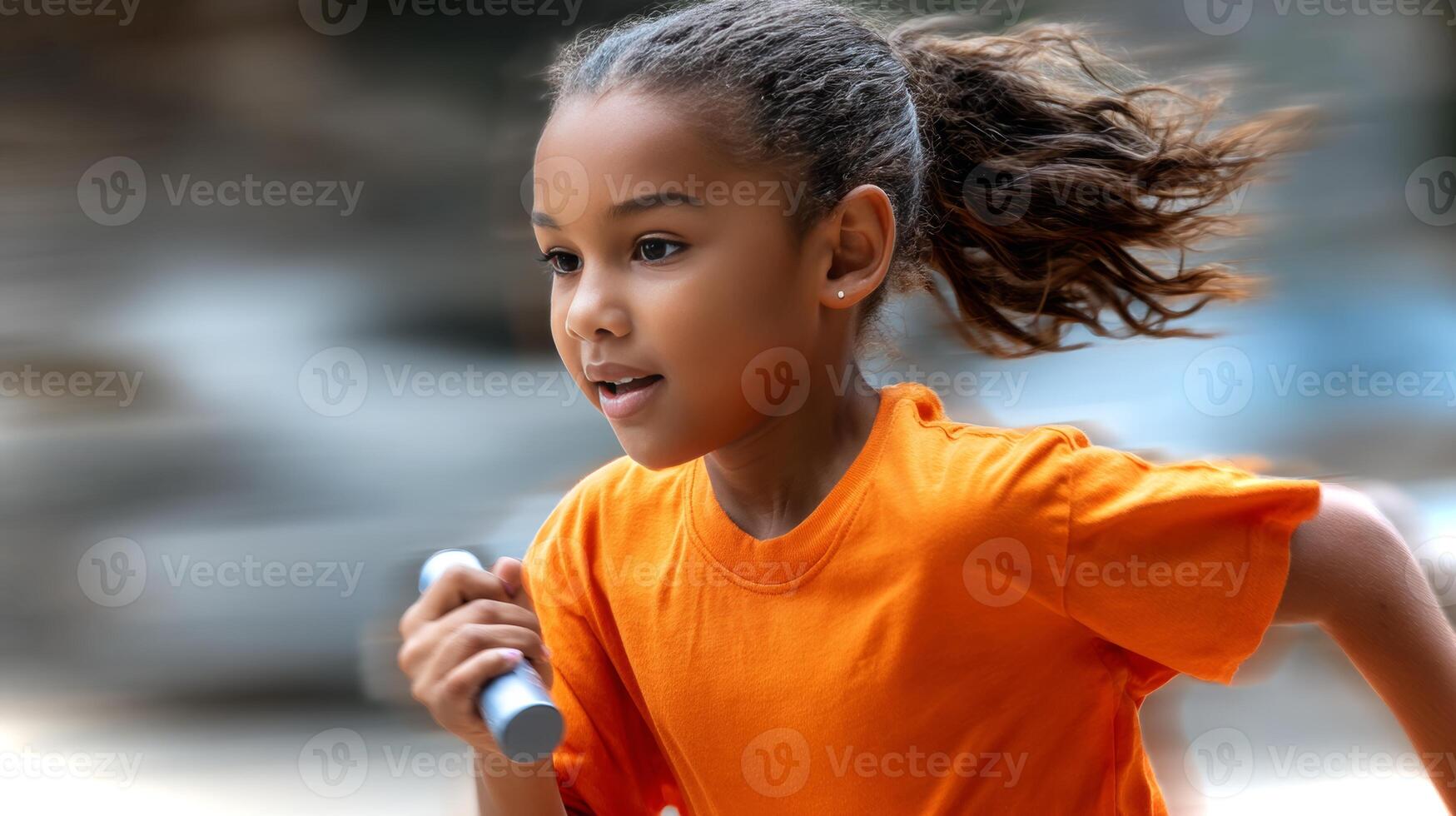 A young Latino girl in an orange shirt sprints forward, expertly passing a relay baton during a competitive race at a sports event filled with excitement. photo