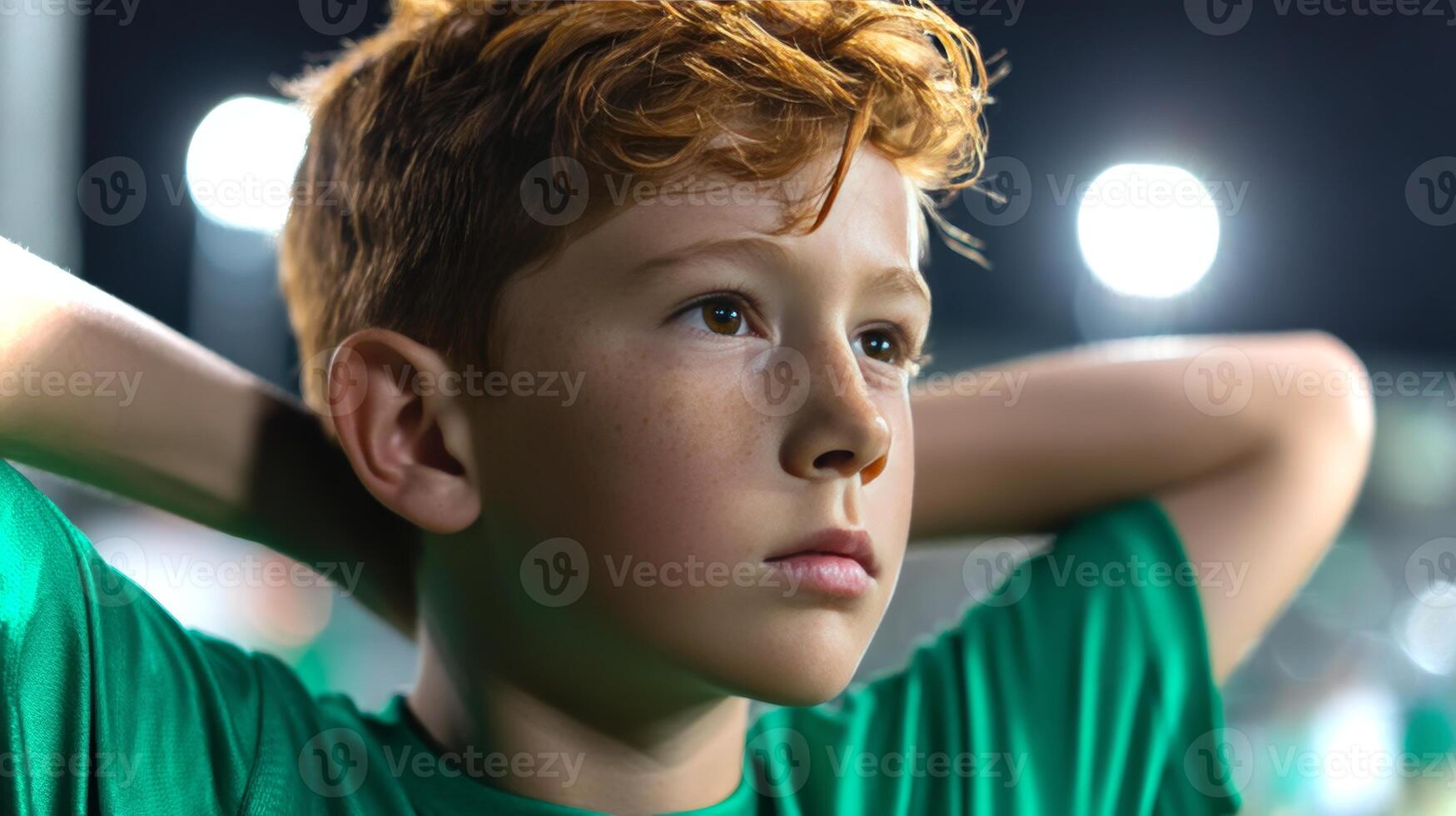A young boy with red hair dressed in a green kit is focused on warming up for soccer practice. photo