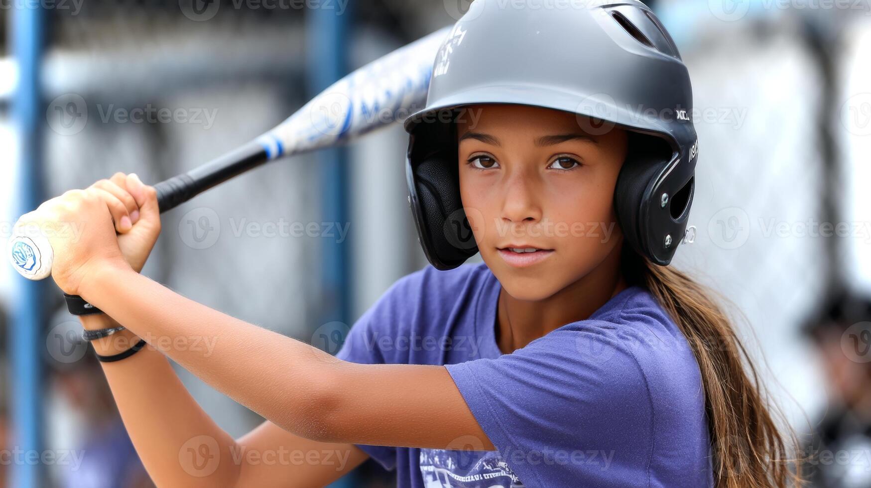 A Latina girl showcases her strength and focus as she hits a softball off a tee at a local sports field during practice. Her determination is evident. photo