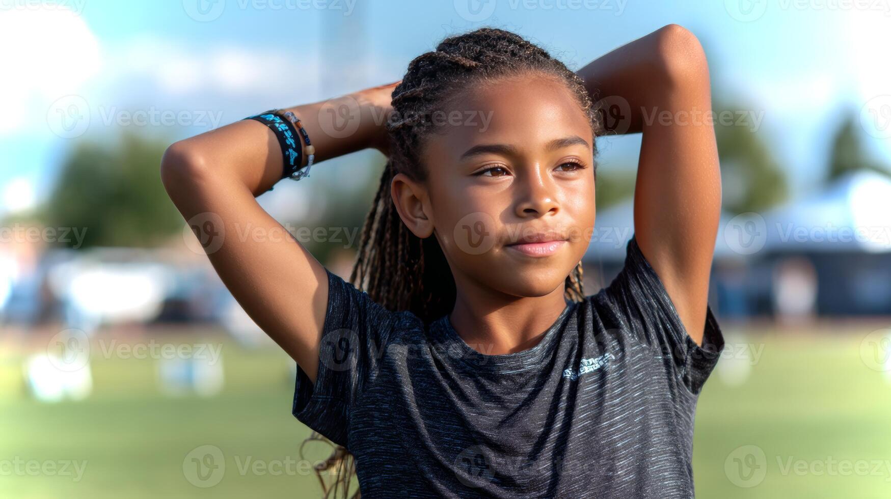 A young African American girl is stretching thoughtfully at a sports practice. She wears a flag belt and is focused on her warm-up routine in an outdoor setting. photo