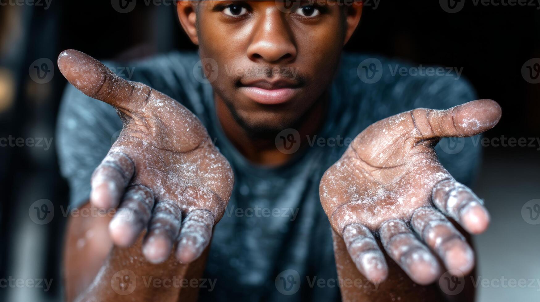 Close-up of a Black boy extending his chalked palms, prepared for a climbing session, highlighting focus and readiness to tackle the challenge ahead. photo