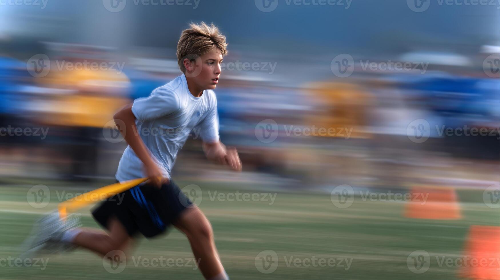 A young boy swiftly spins to avoid a defender during a flag football game at a sports field, showcasing agility and skill while the sun shines brightly. photo