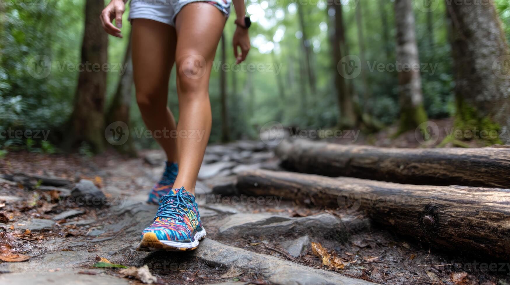White girl carefully steps over a tree root while walking on a rocky trail surrounded by lush greenery and tall trees, enjoying a day of hiking. photo