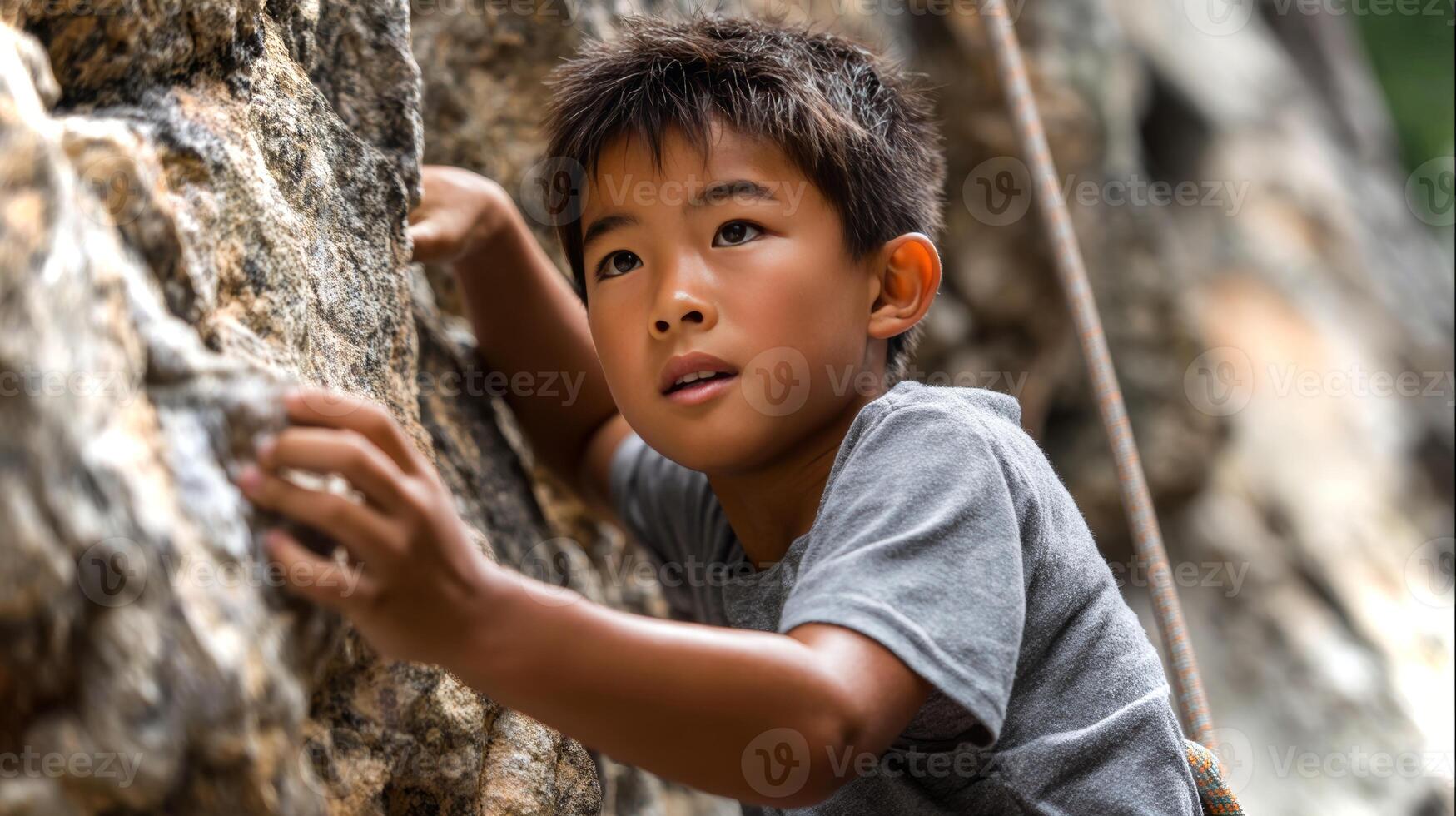 A young boy wearing climbing shoes carefully ascends a rugged outdoor rock face. His focus and excitement shine through as he navigates the challenging terrain. photo