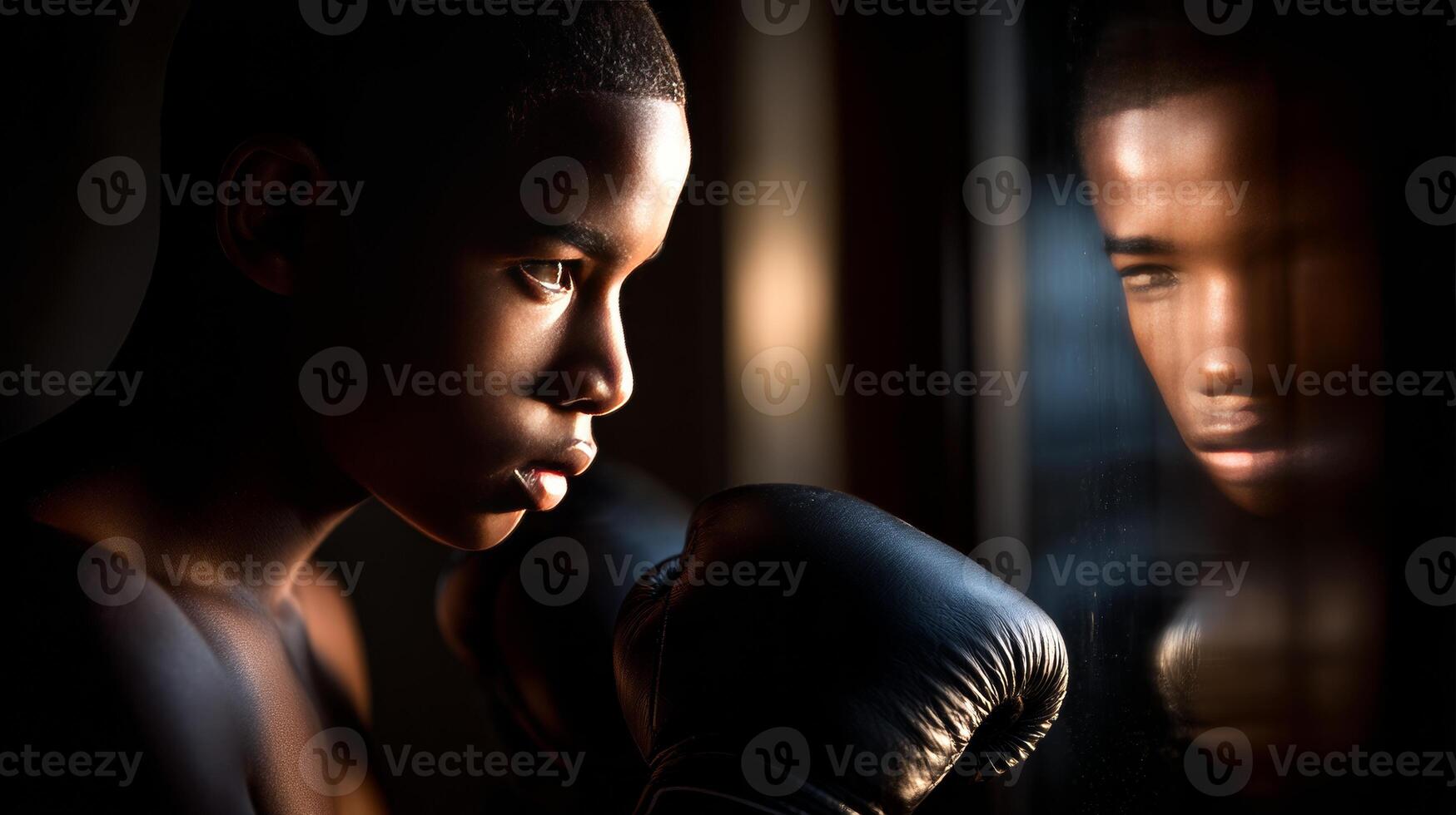 An African American boy shadowboxes in front of a mirror, focused and determined during an evening training session in a dim space. photo