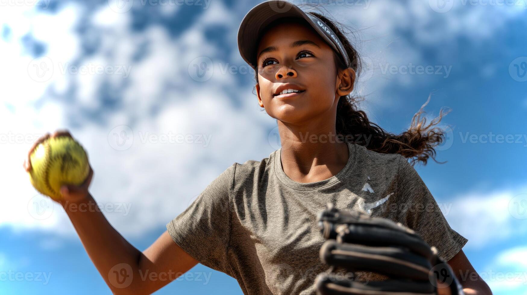 A young Latino girl demonstrates her athleticism as she throws a softball from the infield during a daytime practice. The sky is clear and blue. photo