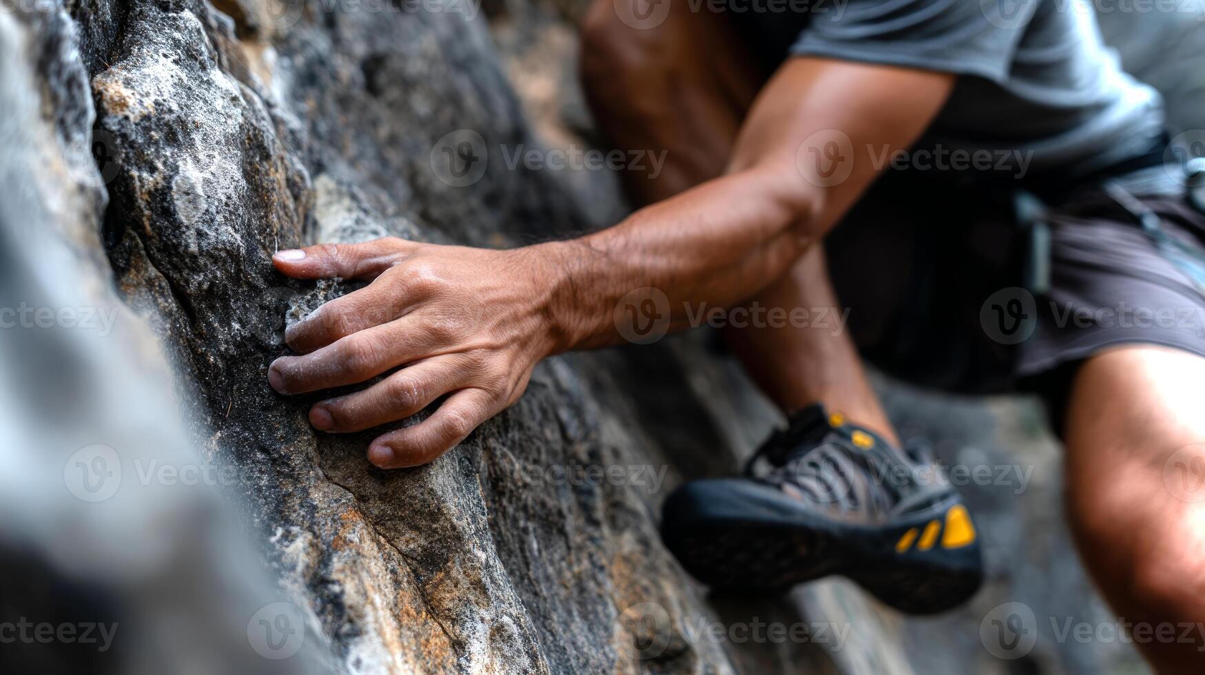 A young Asian boy skillfully uses climbing shoes to ascend an outdoor rock face, focusing intently on his grip and foot placement under clear skies. photo