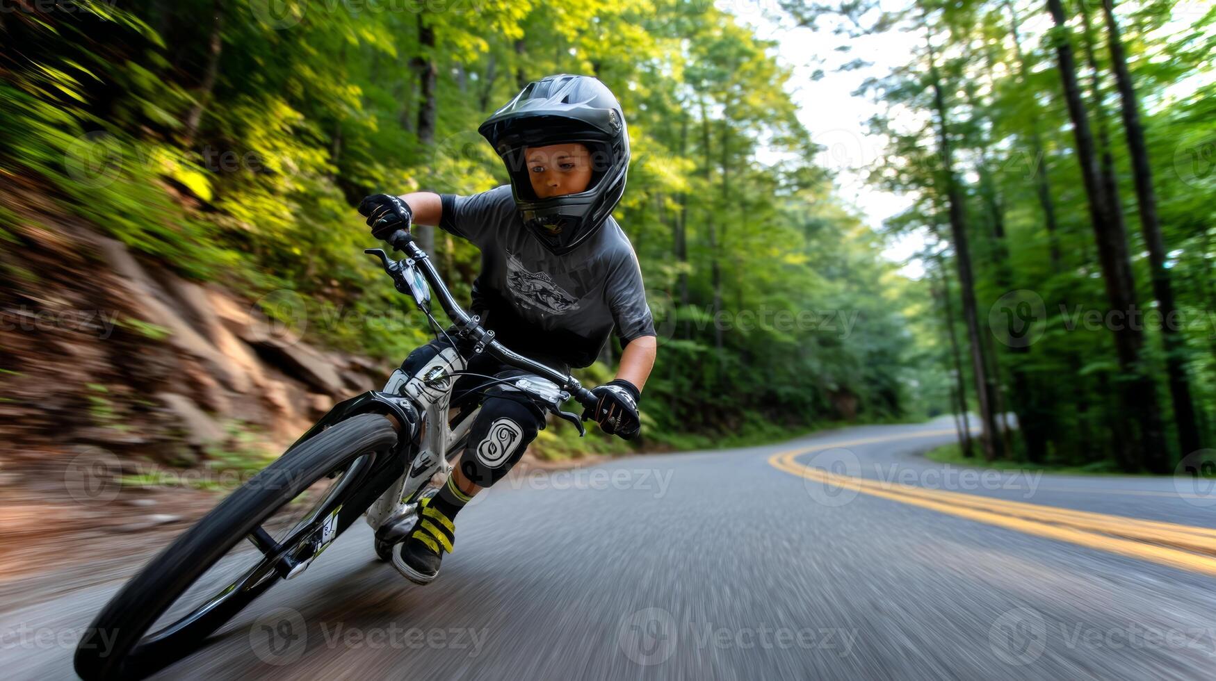 An African American boy speeds downhill on a bicycle, showcasing his skills. He navigates a curve on a wooded road surrounded by tall trees and sunlight. photo