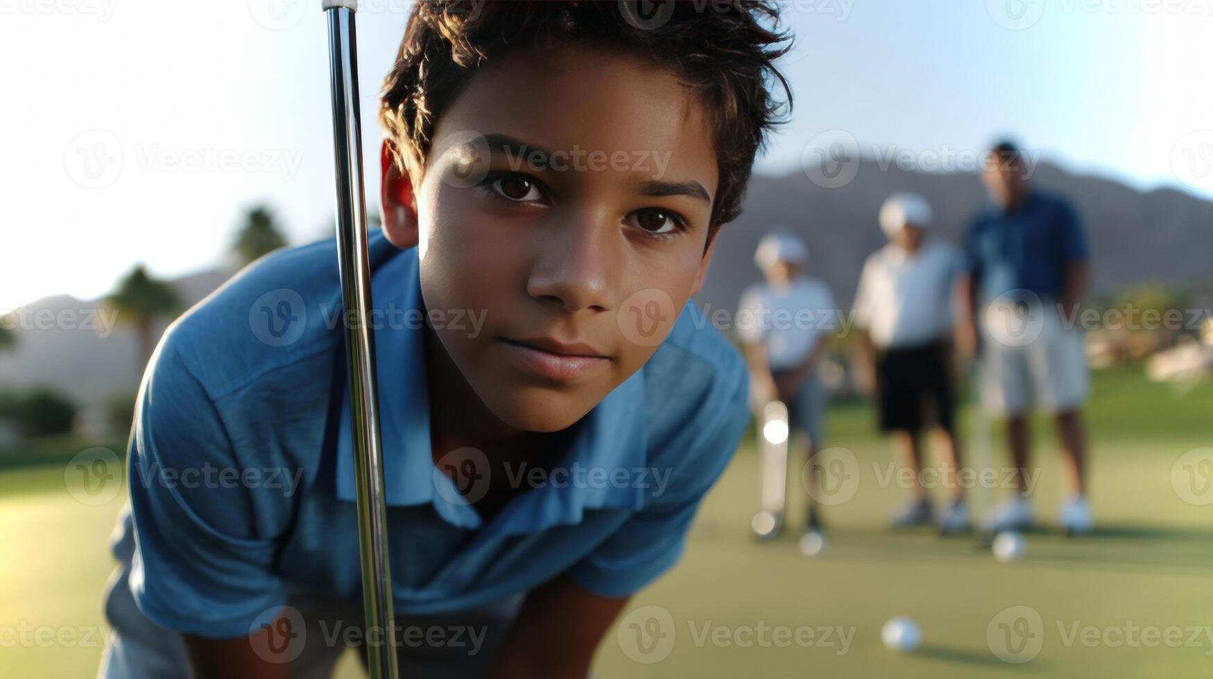 A Latino boy concentrates as he prepares to make a long-distance putt on a sunny golf course. Nearby, adults observe his effort with interest. photo