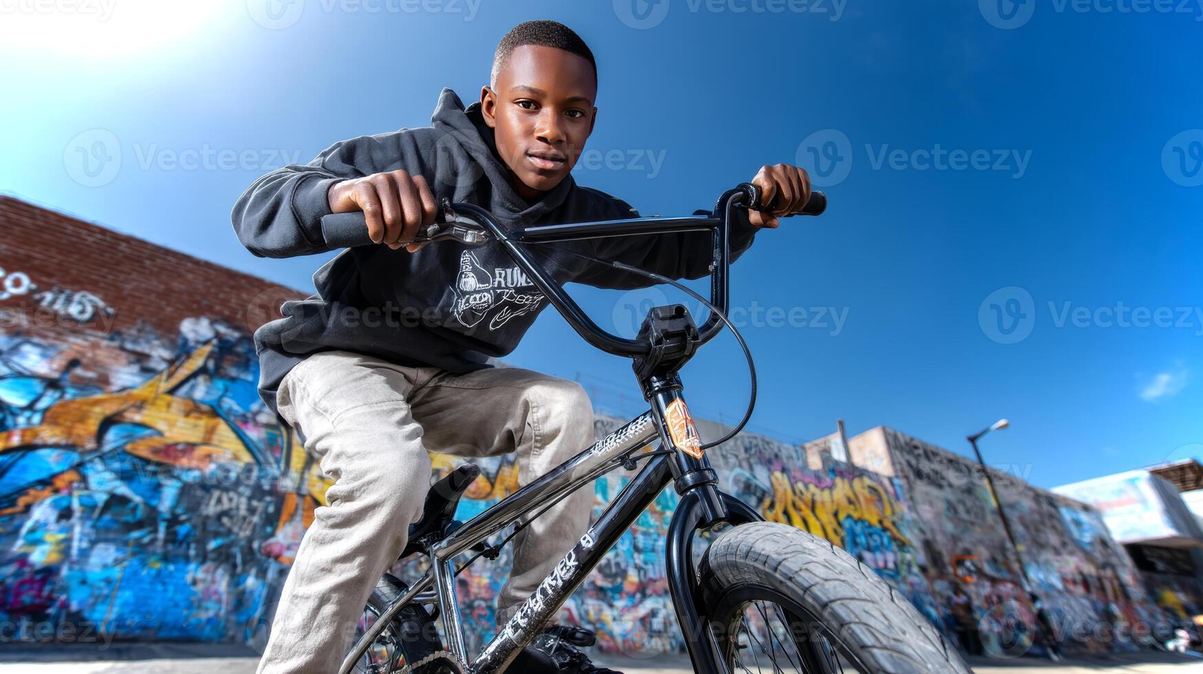In an urban environment, a young African American boy skillfully executes a bunny hop on his BMX bike, with vibrant graffiti art enhancing the scene. photo