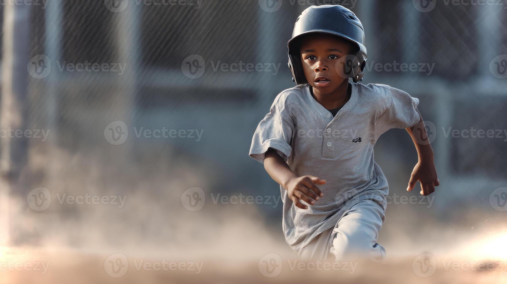 An African American boy sprints across the baseball diamond, helmet securely fastened, focused on making it to home plate during a lively game. photo
