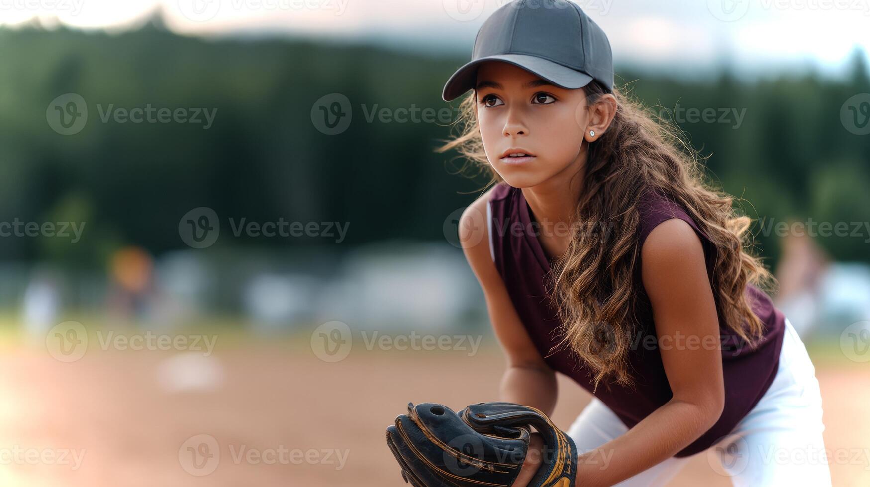 A young Latina girl stands focused and ready, winding up for her pitch in a lively softball game on a sunny afternoon. photo