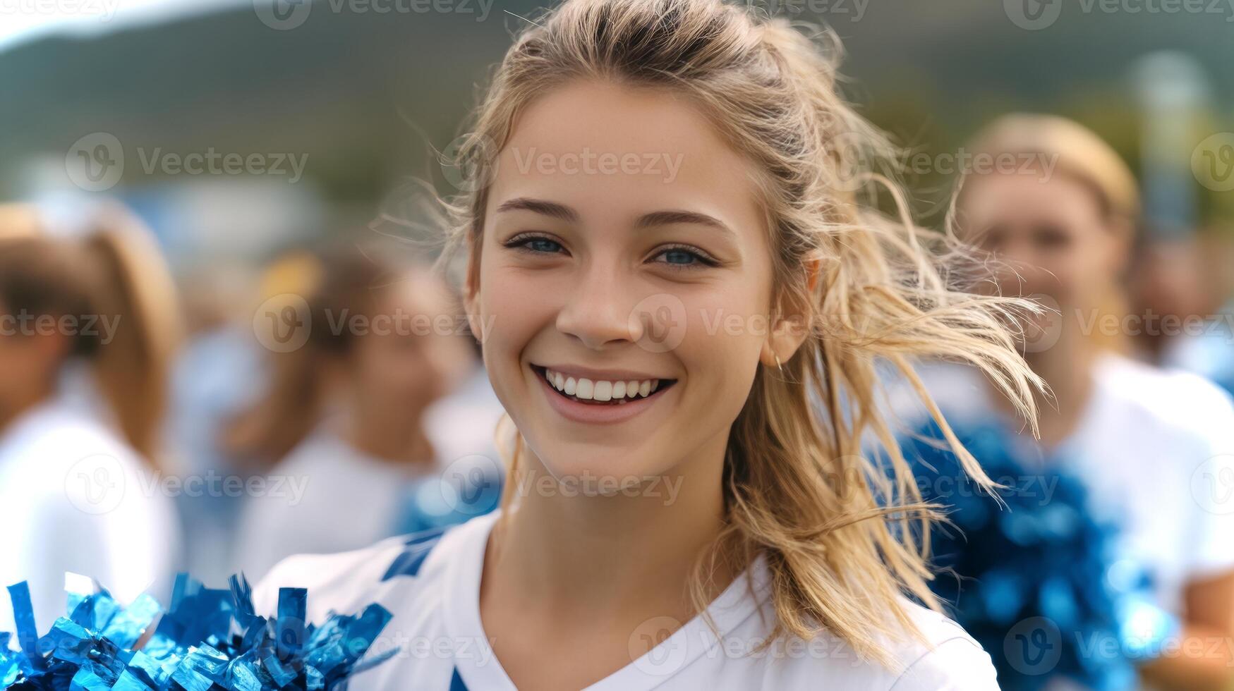 Cheerleader spins joyfully while holding blue pom-poms at an outdoor event, surrounded by teammates in casual uniforms during a sunny day. photo