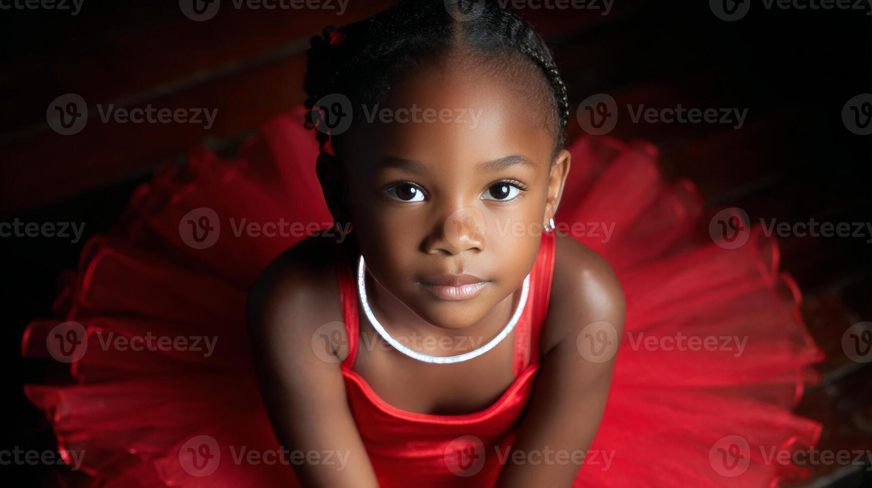 A girl dressed in a vibrant red tutu poses beautifully while exuding joy. The lighting highlights her features as she captures the moment with elegance and charm. photo