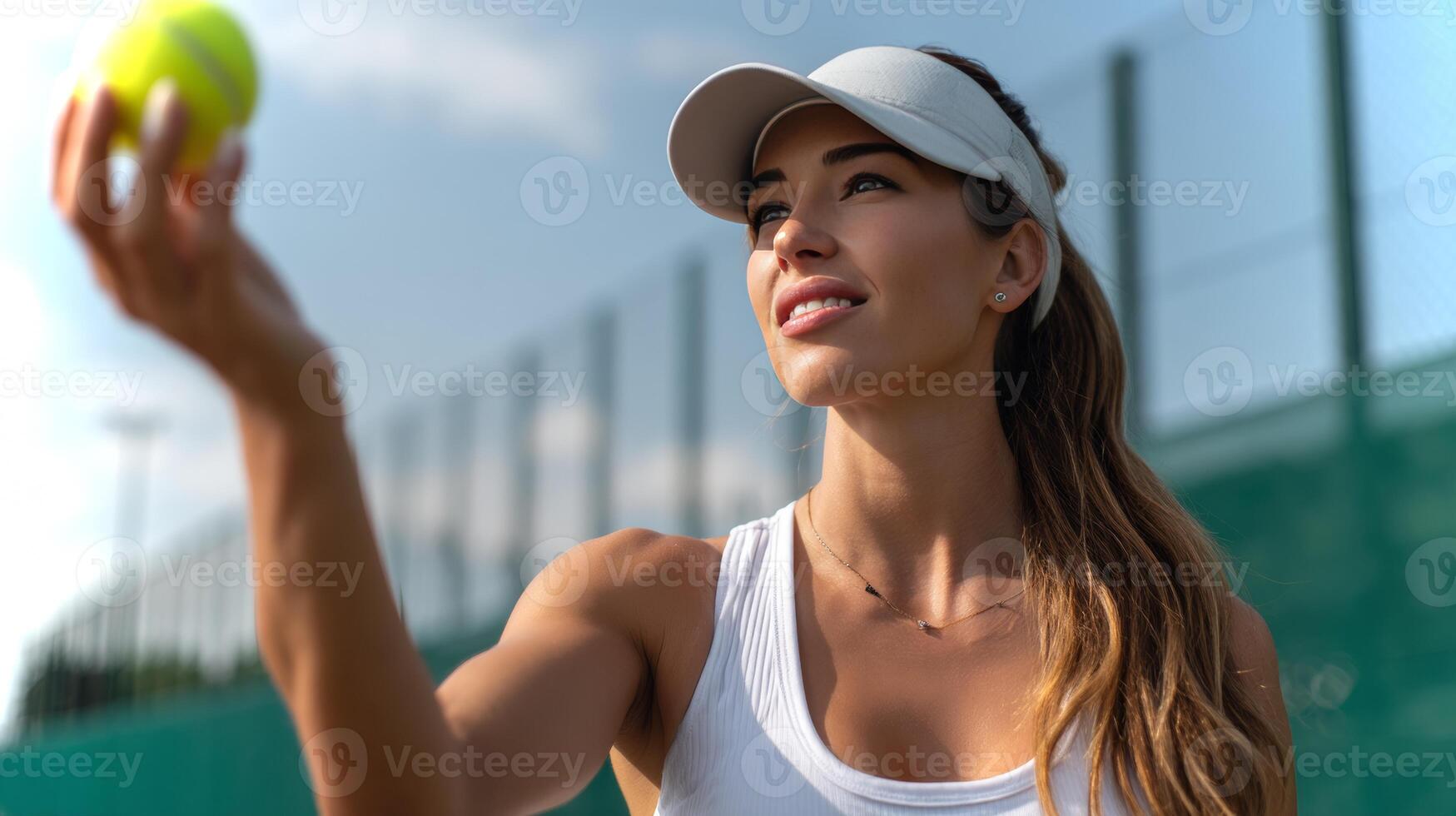 A young girl is poised to serve a tennis ball, calmly bouncing it in her hand under a clear blue sky on a well-maintained court surrounded by a green fence. photo