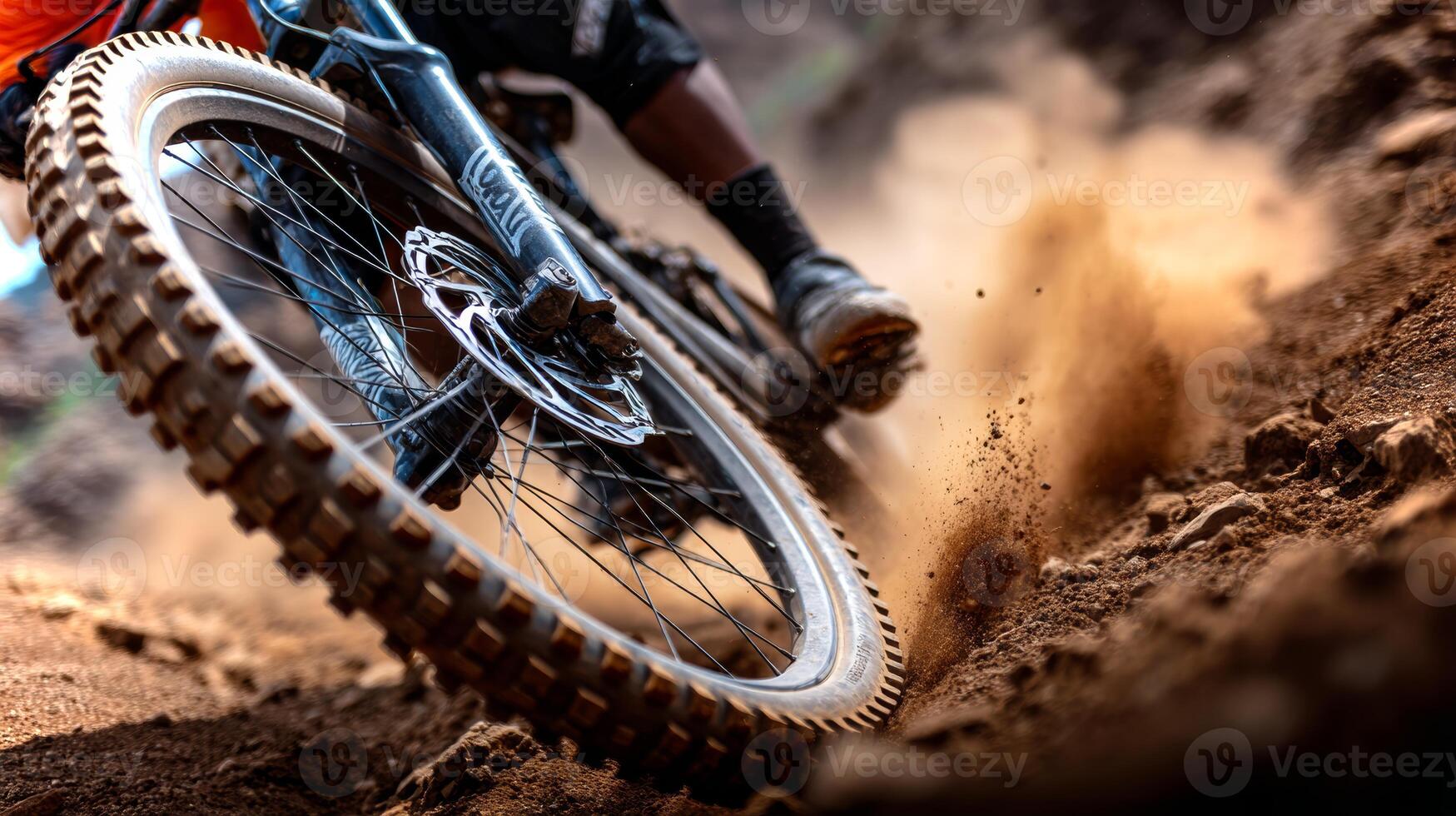 A muddy rear tire spins vigorously as an African American boy rides his bike down a dirt trail, kicking up dust and demonstrating thrilling speed. photo